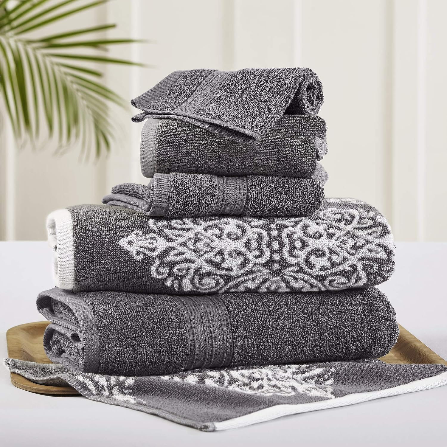 Modern Threads 6-Piece 100% Cotton Damask Medallion Towel Set, Charcoal | Highly Absorbent, Soft & Plush, Quick-Drying