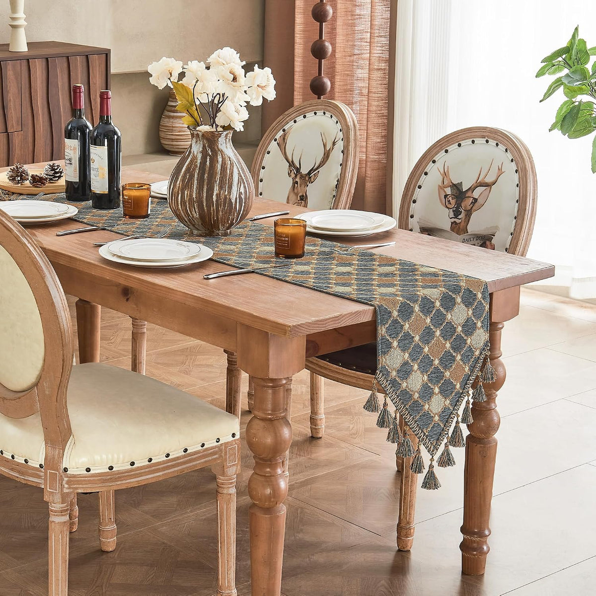 Loom and Mill Chenille Table Runner 90 inches Long, Blue-Grey+Khaki+Beige | Chic Checkered Pattern Jacquard Table