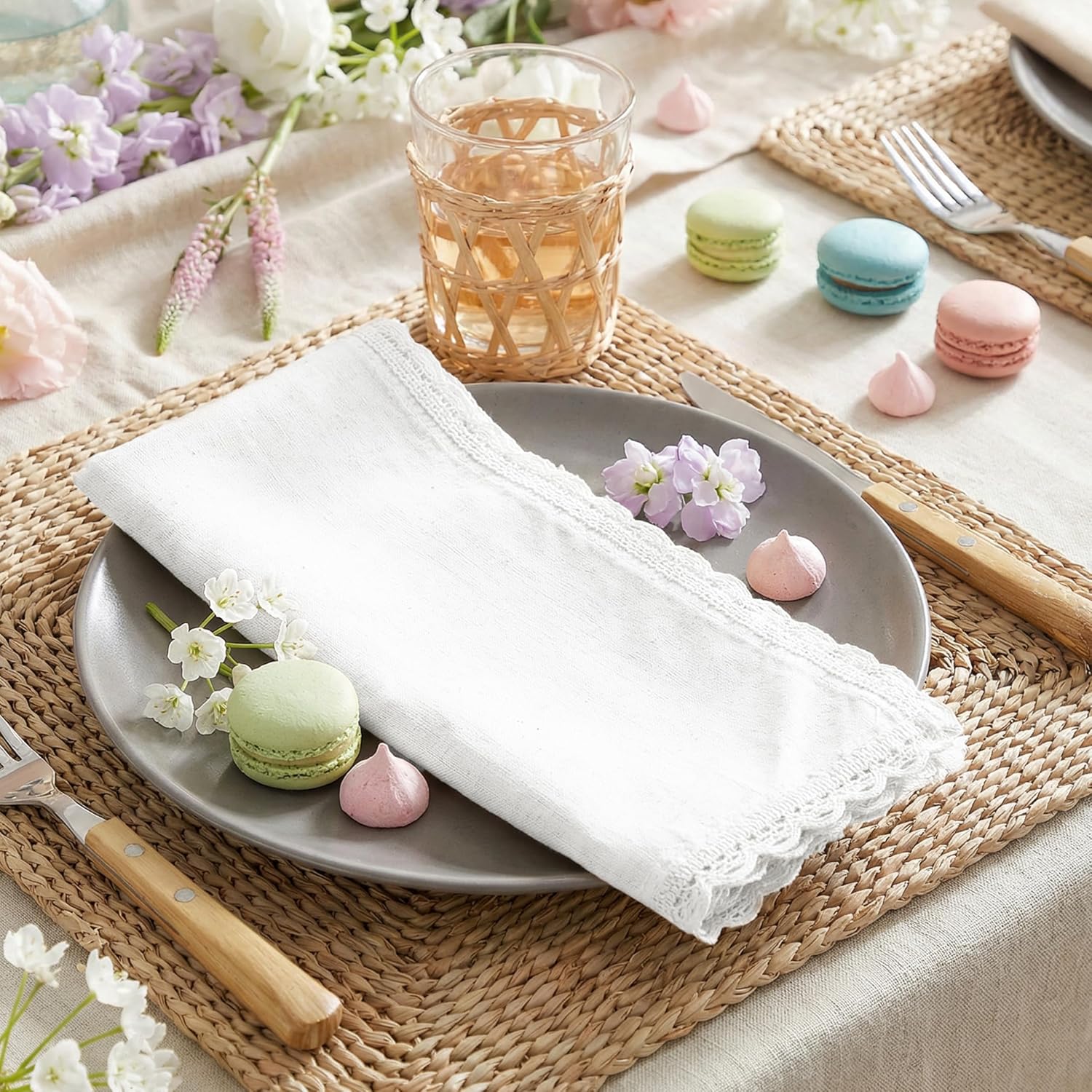 Set of 12 Flax Lace Cloth Napkins 20x20 Inch - White | Premium Linen Cotton Reusable Dinner Napkin for Wedding