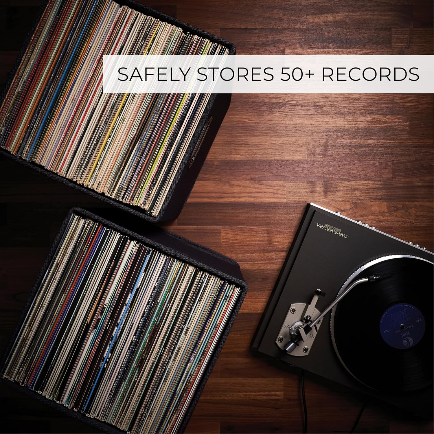 Decorative Vinyl Record Storage Box for 50+ Single Records - LP Holder | Sturdy and Easy to Carry Crate with Lid - The