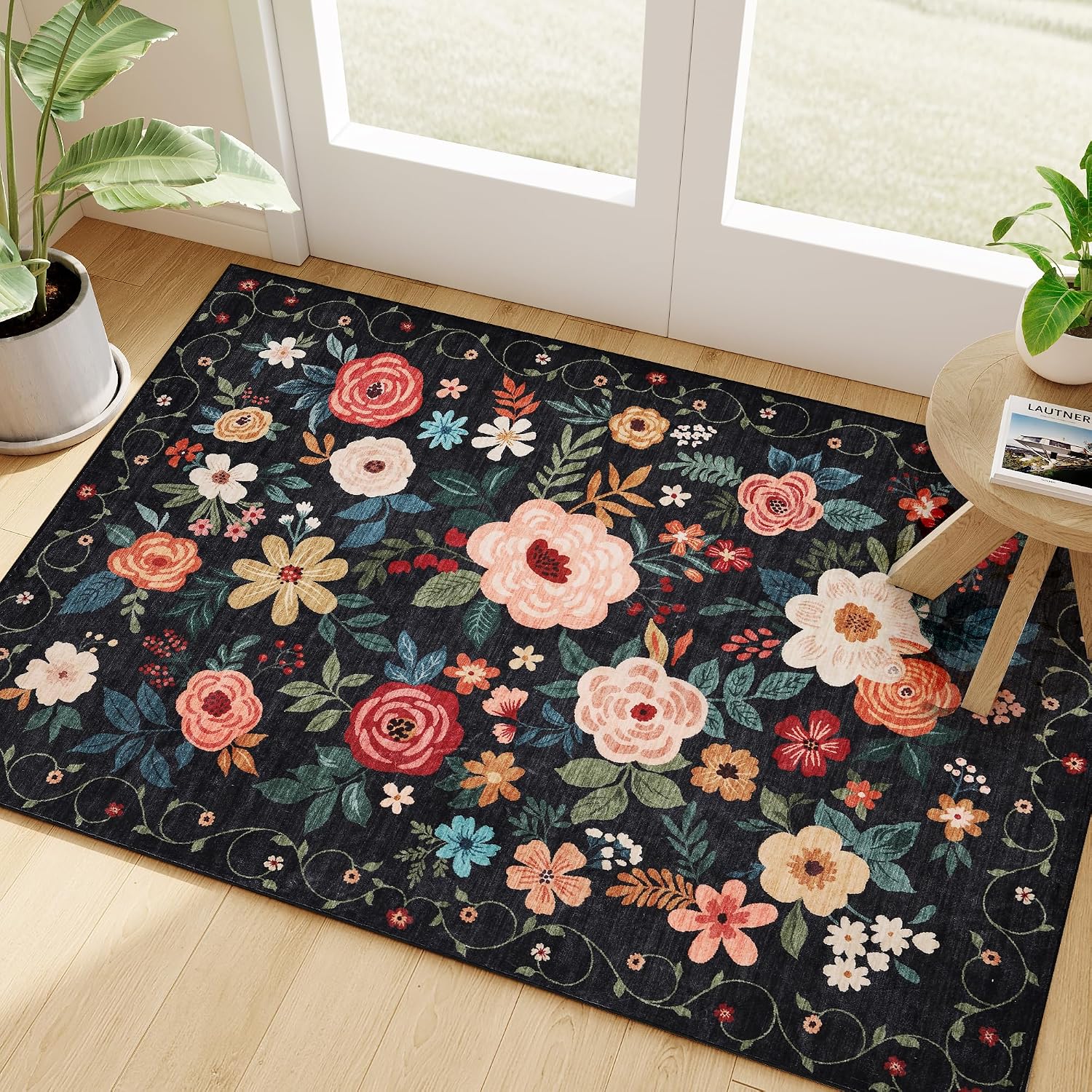 PLHXFR 10x12 Area Rug Living Room: Abstract Washable Carpet Black Gold