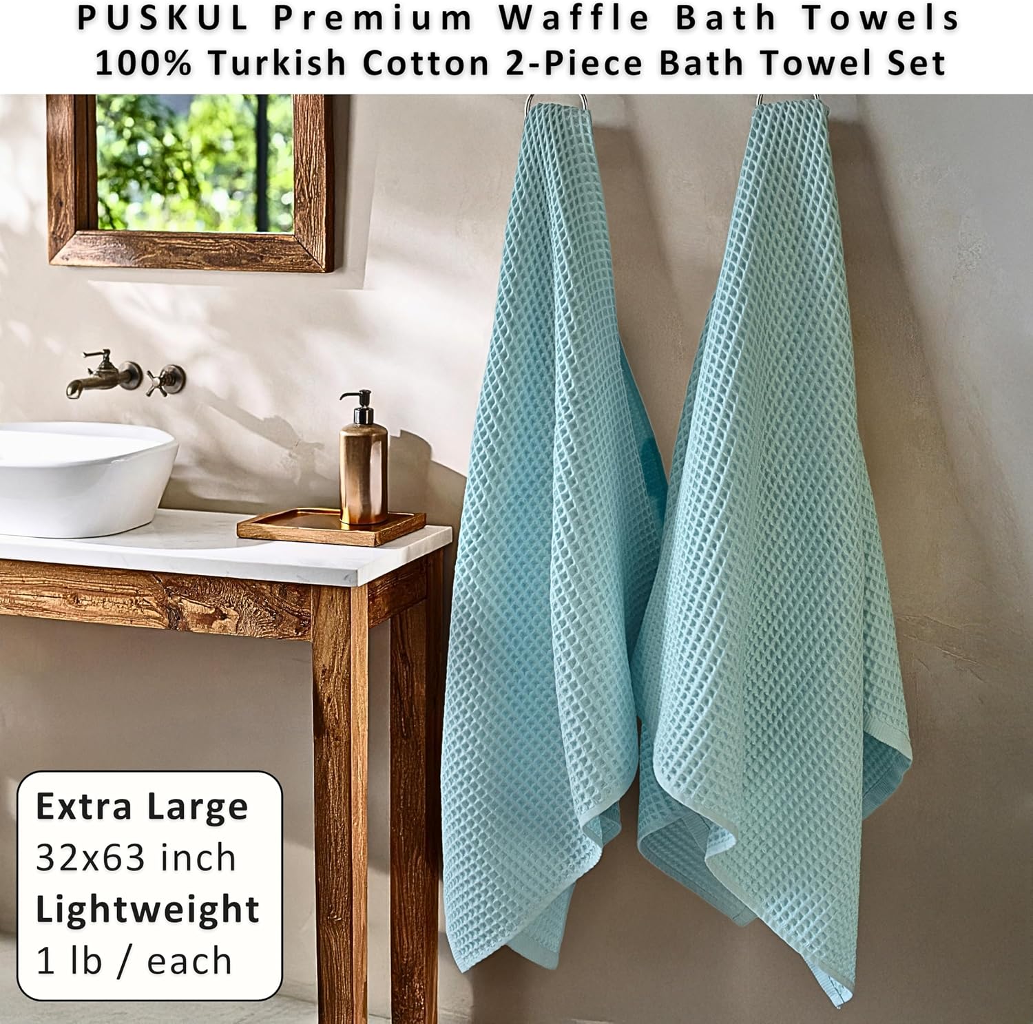 PÜSKÜL Natural 100% Turkish Cotton Waffle Bath Towels Set of 2, Extra-Large | Turquoise, Oversize 32x63" Bath sheet