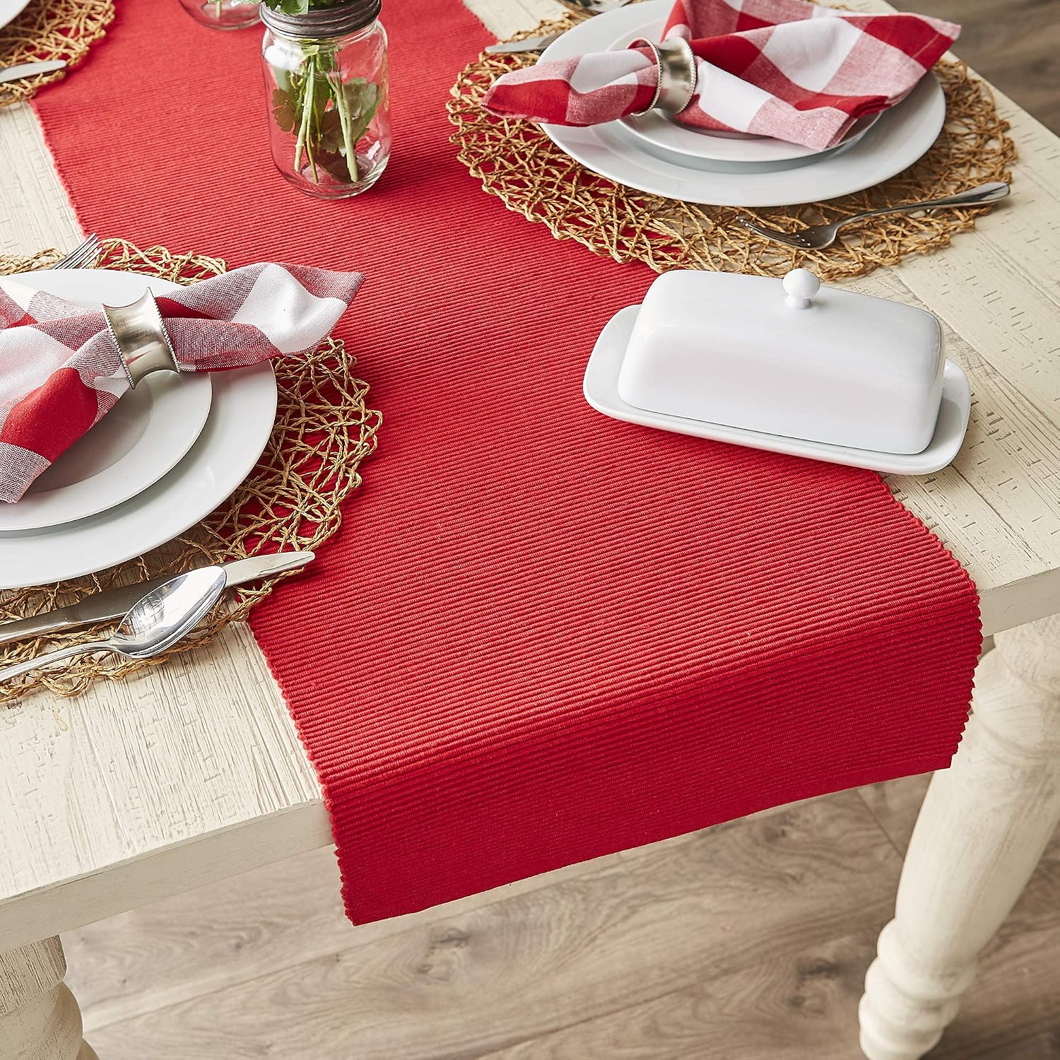 DII Basic Everyday Ribbed Tabletop 100% Cotton, Table Runner, 13x72, Tango Red