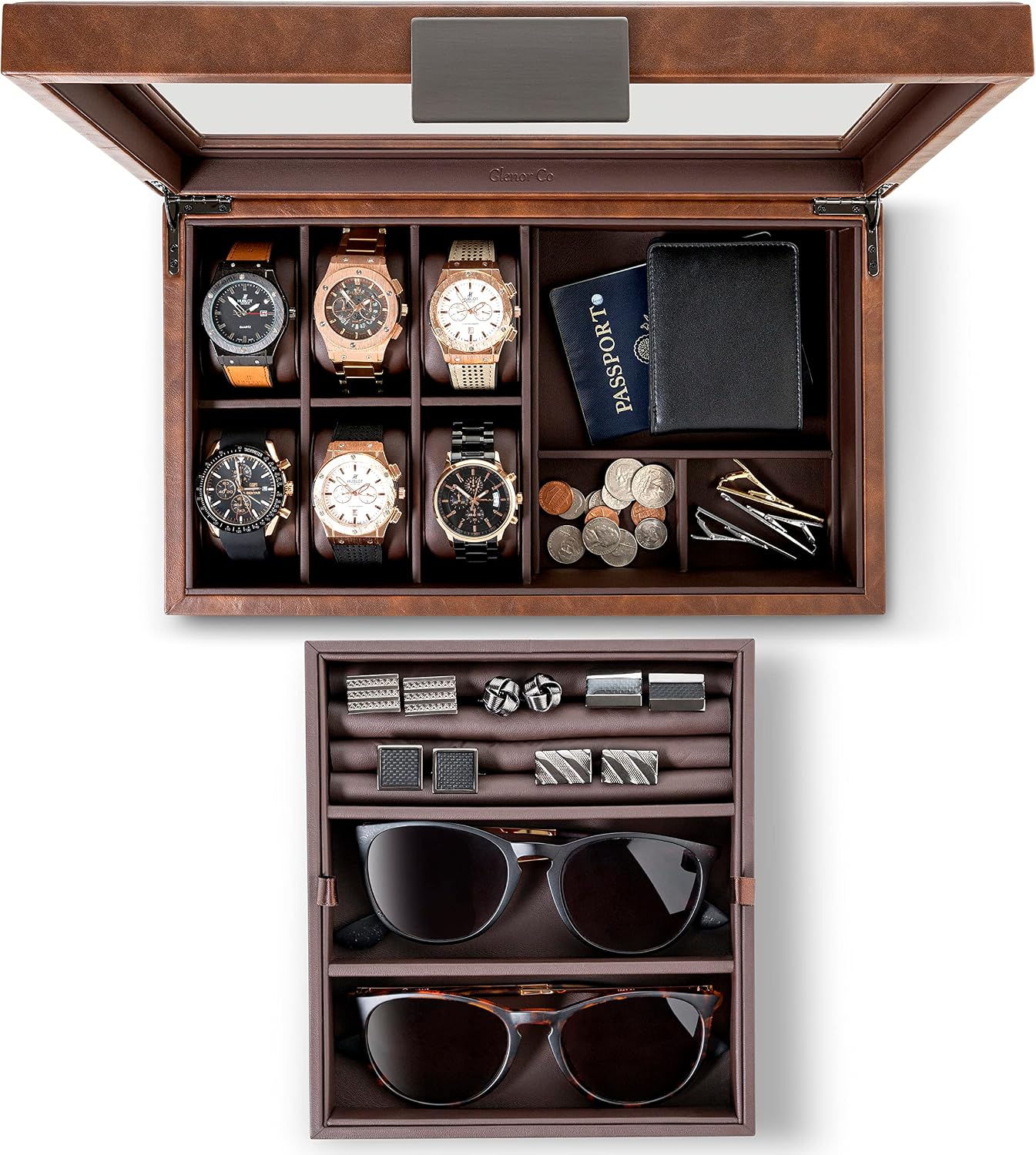 Glenor Co Valet Jewelry Box for Men - Holds 6 Watches, 12 cufflinks, 2 Sunglasses & Tray Storage - Mens Watch Case