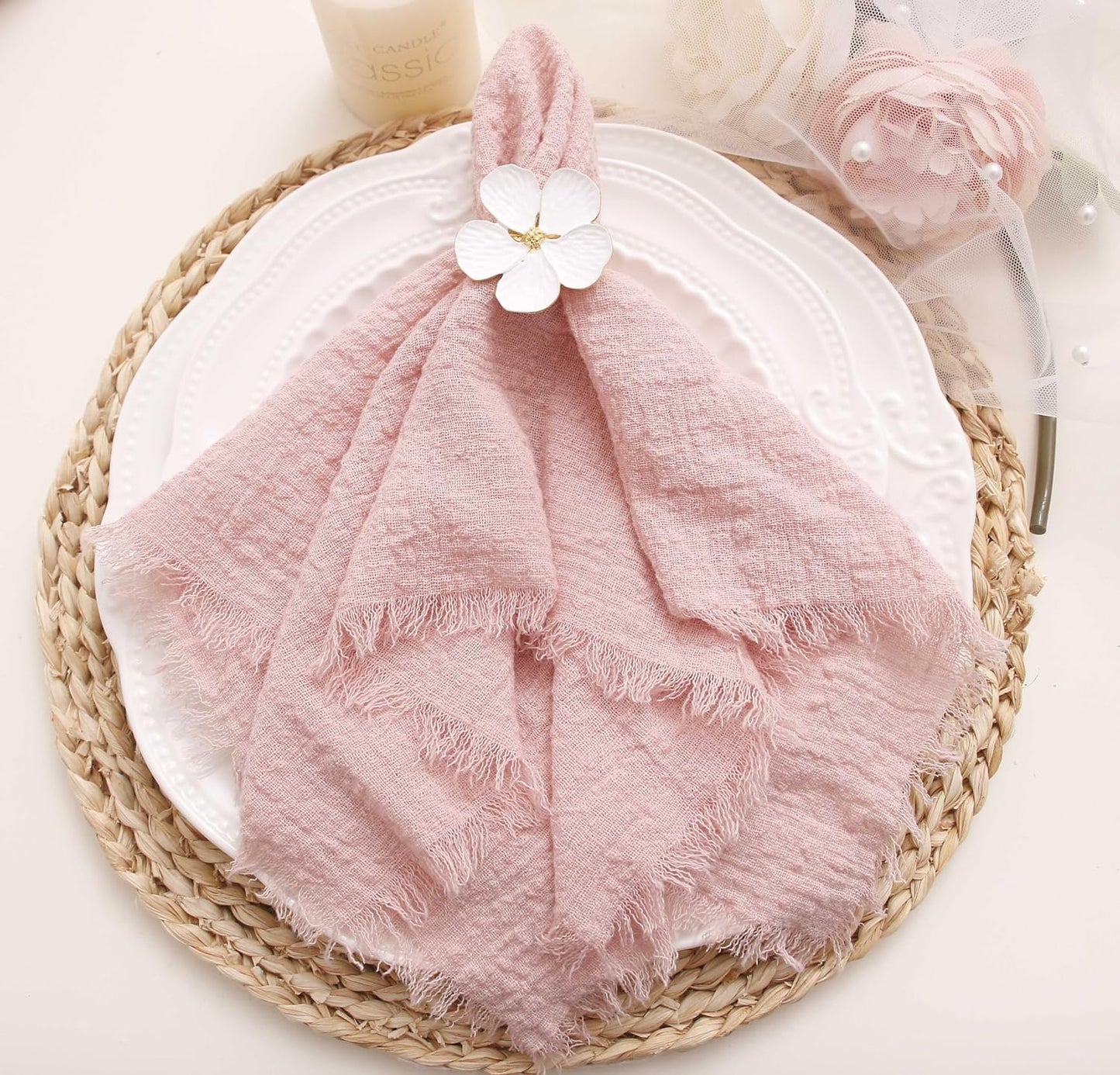 Cloth Napkins with Fringe Set of 12, Soft Cotton, 16 x 16 Inch, Dusty Pink | Boho Rustic Dinner Napkins, Reusable