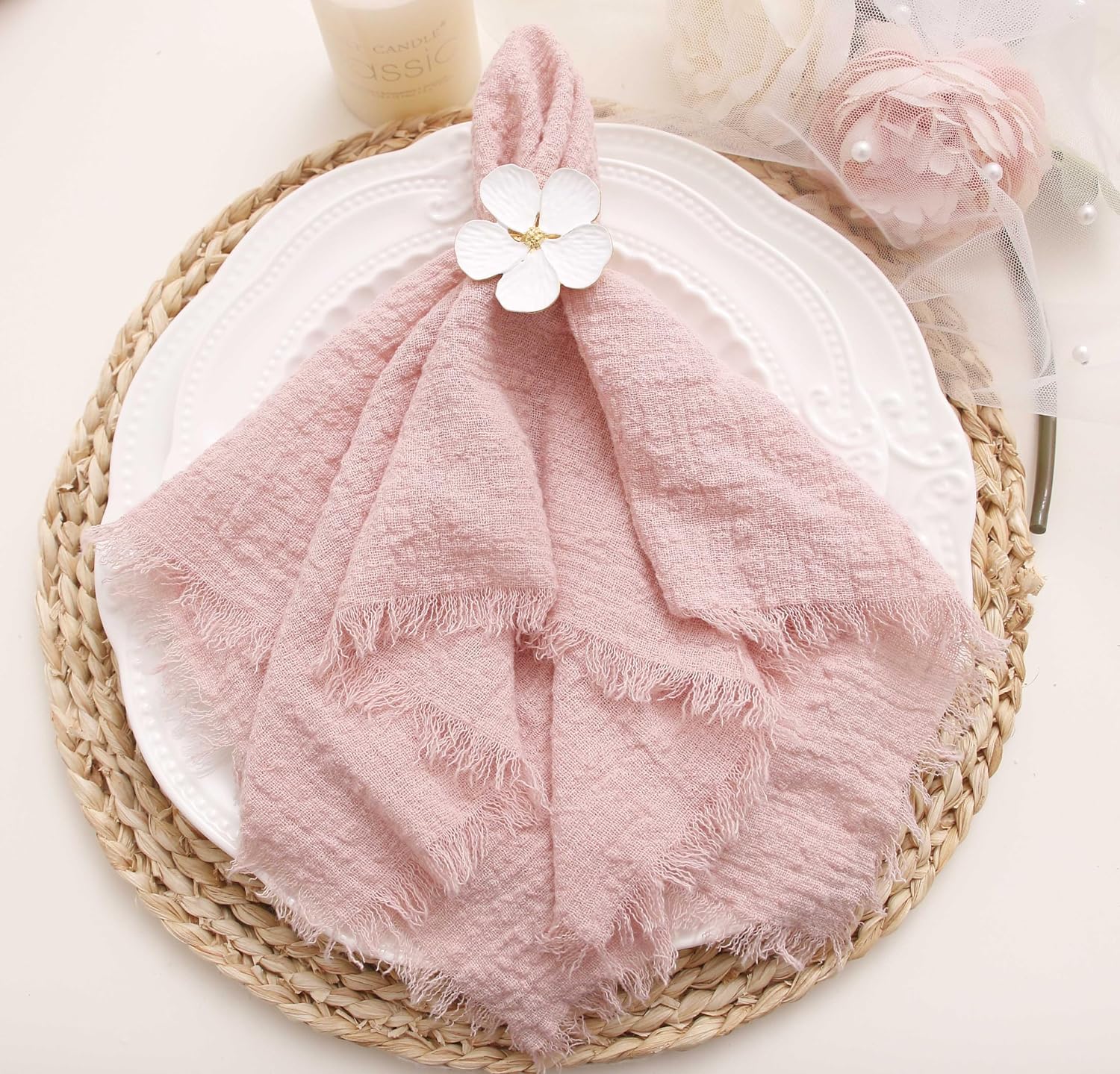 Cloth Napkins with Fringe Set of 12, Soft Cotton, 16 x 16 Inch, Dusty Pink | Boho Rustic Dinner Napkins, Reusable