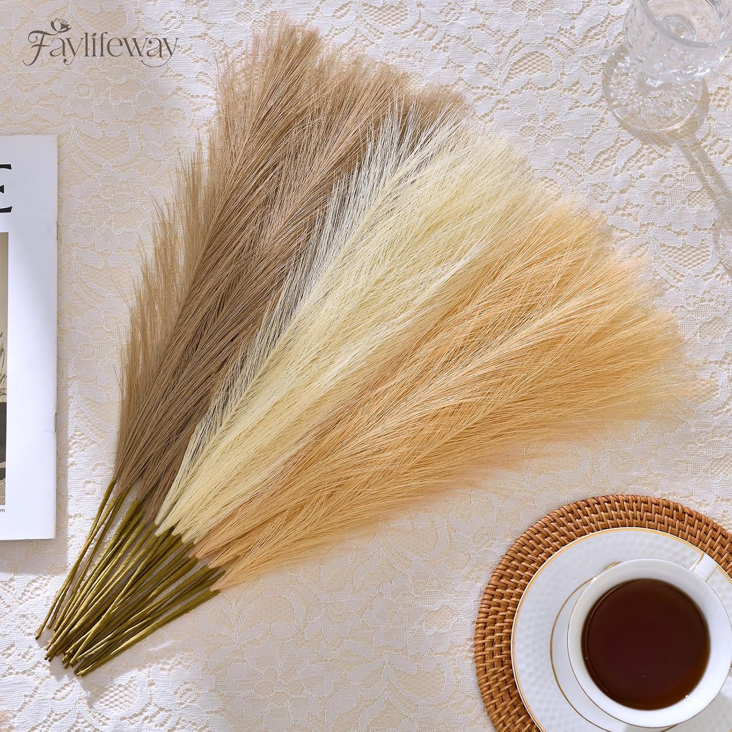 Artificial Pampas Fake Flowers Fluffy Vase Filler / Sand Beige Light Brown / 17 Inch / Set of 50