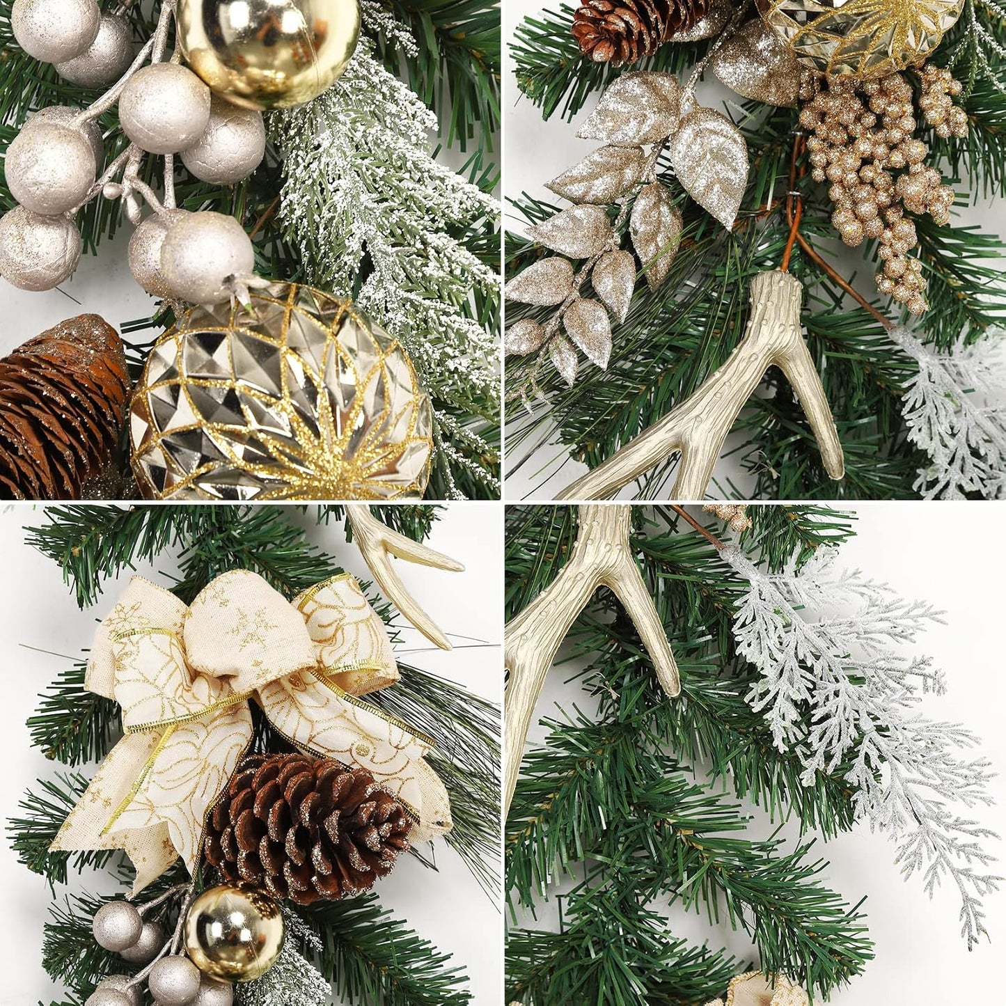 Christmas Garland with Lights, Champagne Gold 6FT 20LED Pre-Lit Christmas Garland with Ball Ornaments, Ribbons, Pine