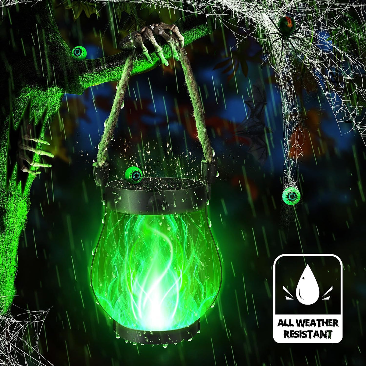 iBaycon 2 Pack Gen2 Solar Lantern Lights USB Halloween Flame Lamp, Green | Solar Garden Lights with Solar & USB-C Dual