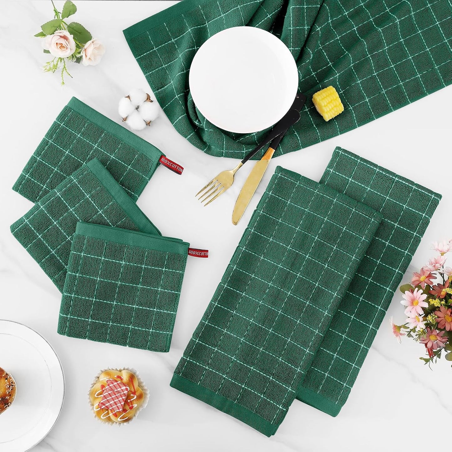 Homaxy Kitchen Towels and Dishcloths Set, Set of 12, Dark Green | Bulk Cotton Terry Kitchen Towels, Checkered Designed