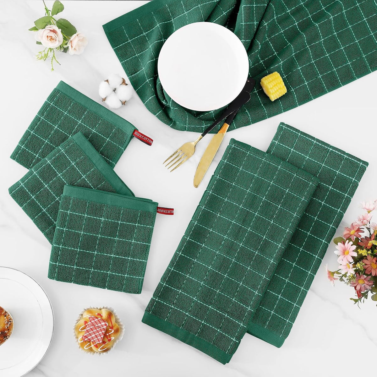Homaxy Kitchen Towels and Dishcloths Set, Set of 16, Dark Green | Bulk Cotton Terry Kitchen Towels, Checkered Designed