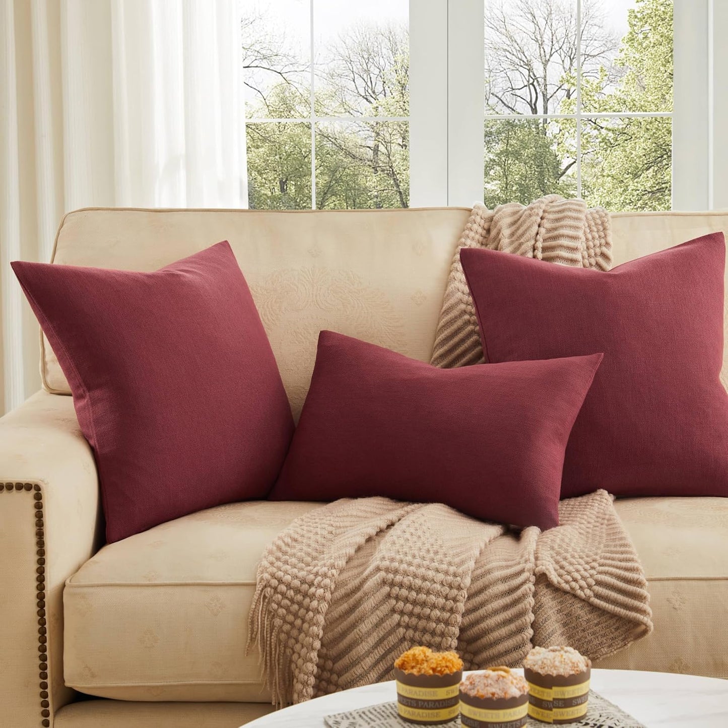Rustic Cotton Linen Throw Pillow Covers / Burgundy / 18 x 18 / Set of 2