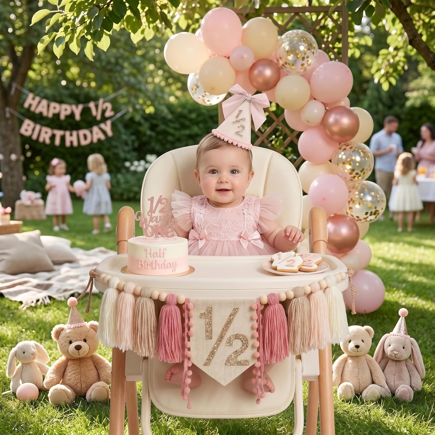 1/2 High Chair Banner & Cone Hat Cake Topper Birthday Girl Half Birthday Decorations / Pink & Khaki