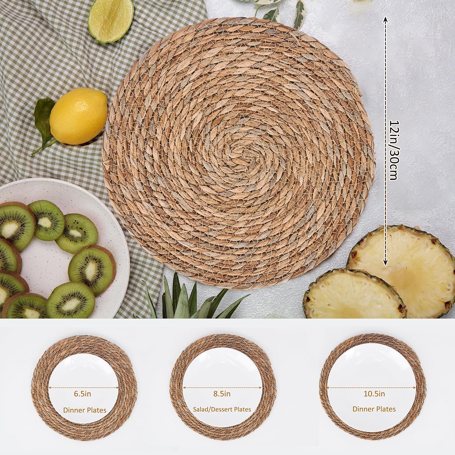 Defined Deco Woven Placemats Set of 10,12" Round Rattan Placemats,Natural Hand-Woven Water Hyacinth Placemats,Farmhouse