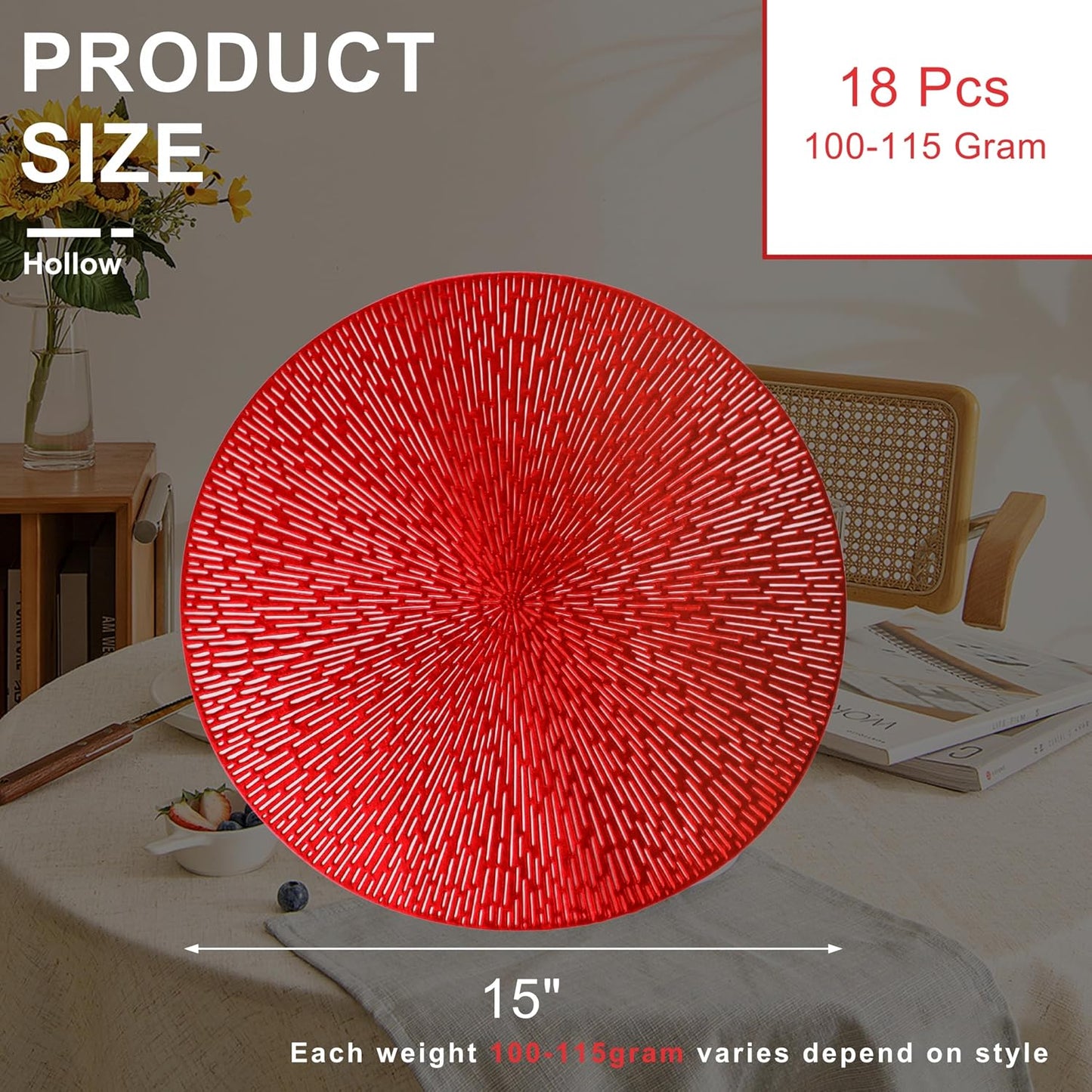 Snowkingdom Red Valentines Placemats Set of 18, Round Vinyl Hollow 15 Inch Metallic Place mats, Washable Wipeable Non