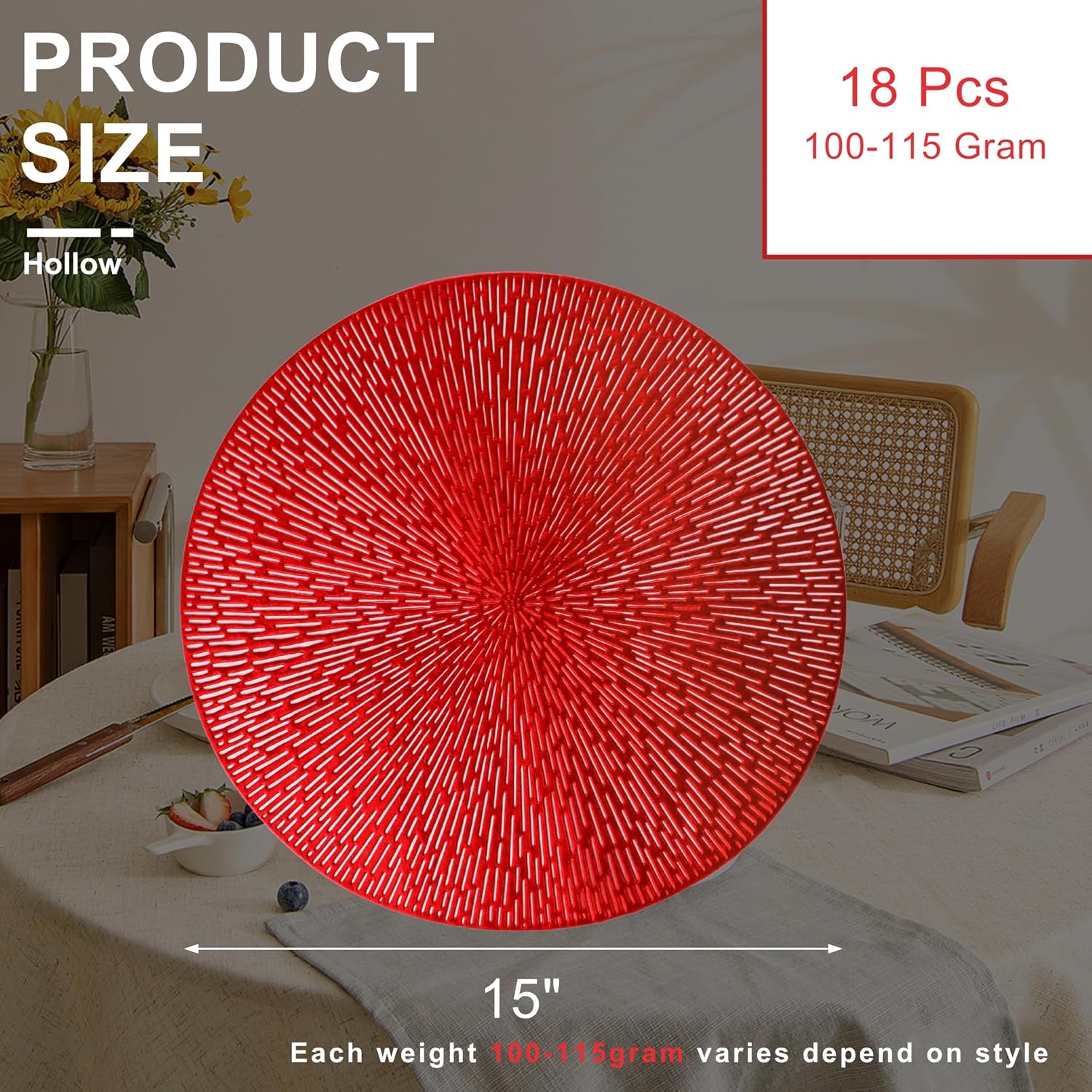 Snowkingdom Red Valentines Placemats Set of 18, Round Vinyl Hollow 15 Inch Metallic Place mats, Washable Wipeable Non