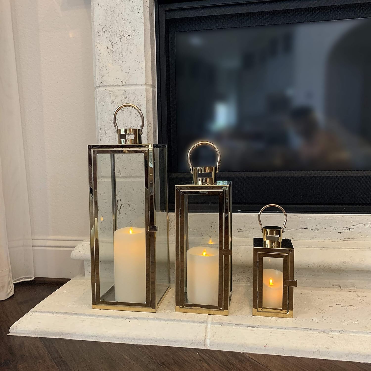Allgala 3-PC Lantern Set 23 Inch Jumbo Deluxe Modern Indoor/Outdoor Candle Lantern Set Stainless Steel Frame Tempered