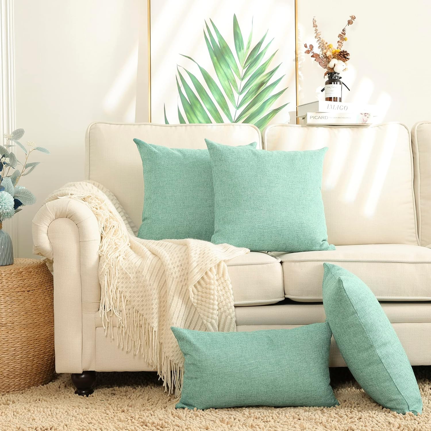 Burlap Throw Pillow Covers Solid Farmhouse Linen Pillowcase for Bed / 24 x 24 / Green / Set of 2