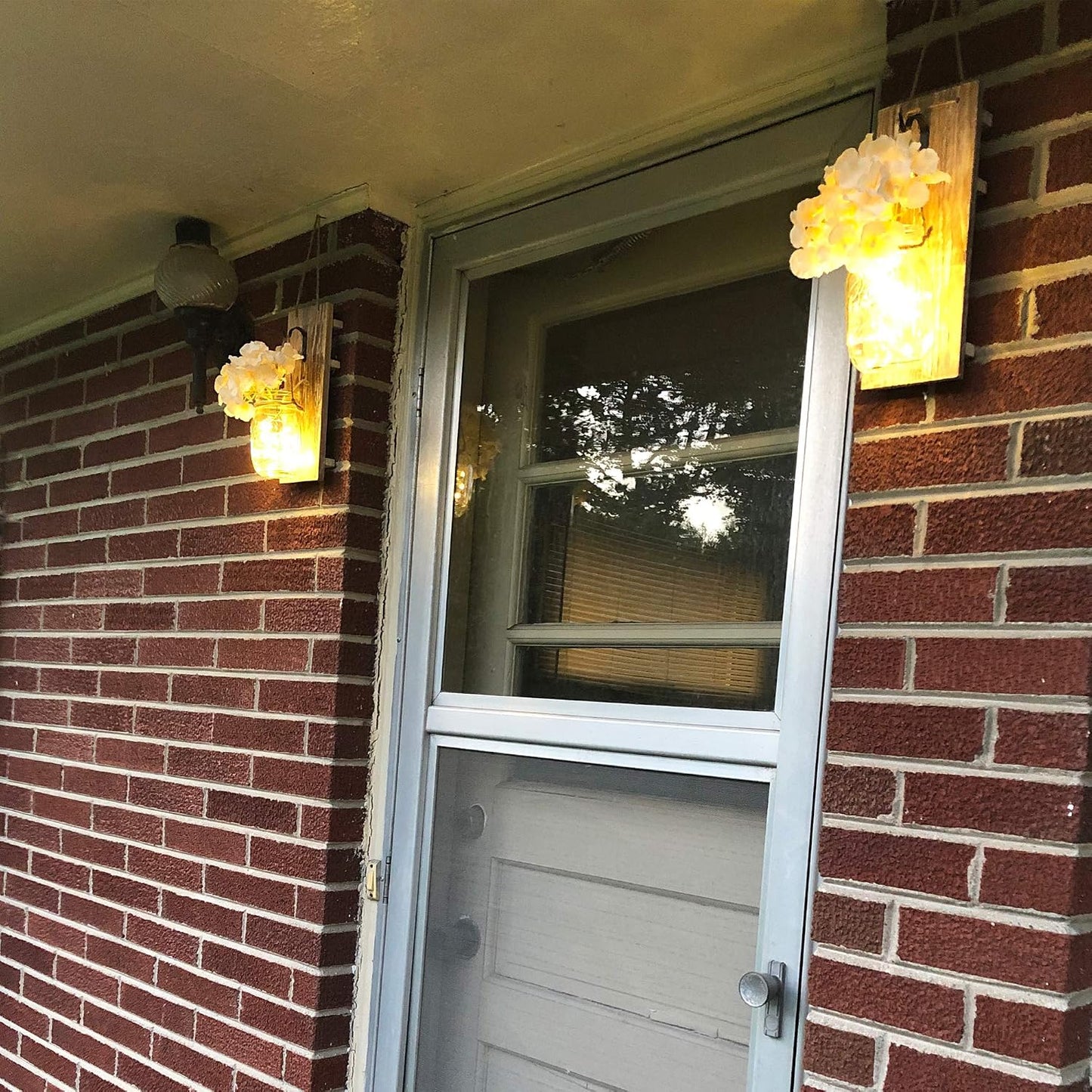 Rustic Mason Jar Sconces Wall Decor / 11"H Brown + Hydrangea / Set of 2