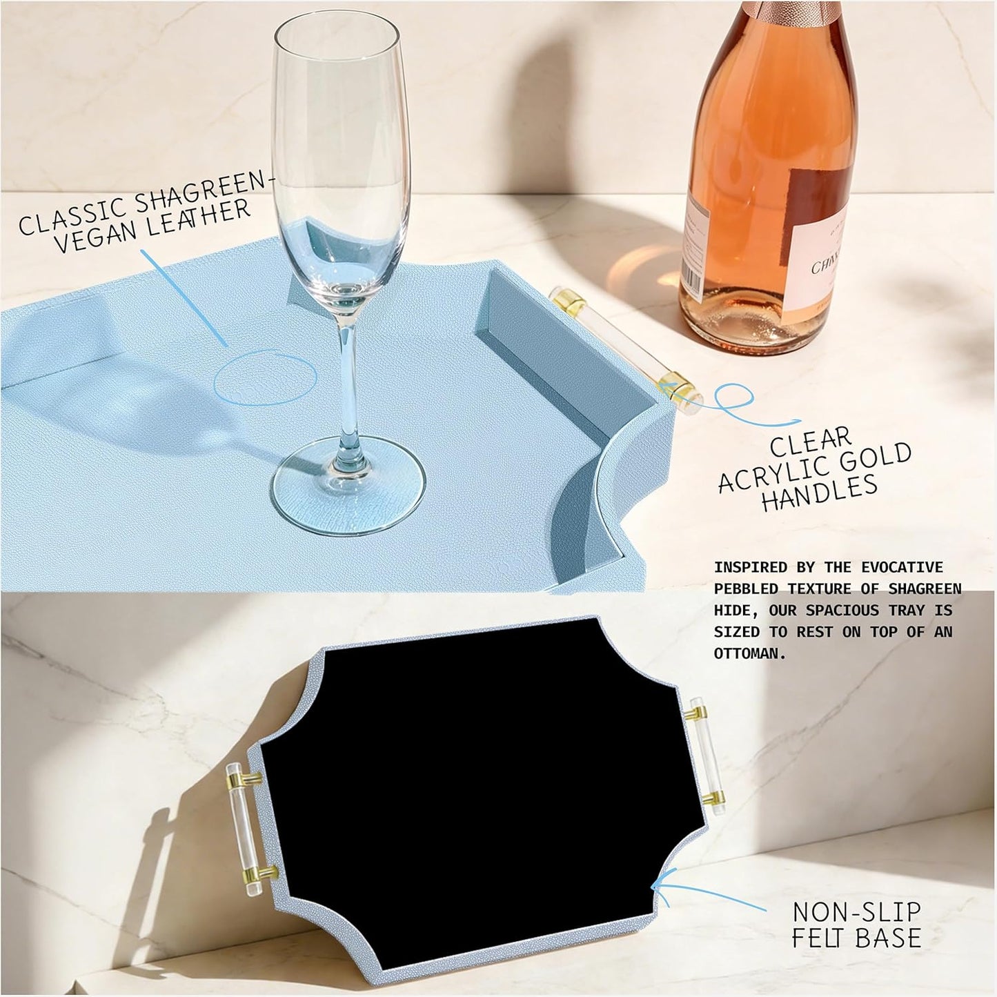 22.6'' x 13'' Coffee Table Tray Shagreen Decorative Tray for Ottoman / Baby Blue / 22.6 x 13 x 2
