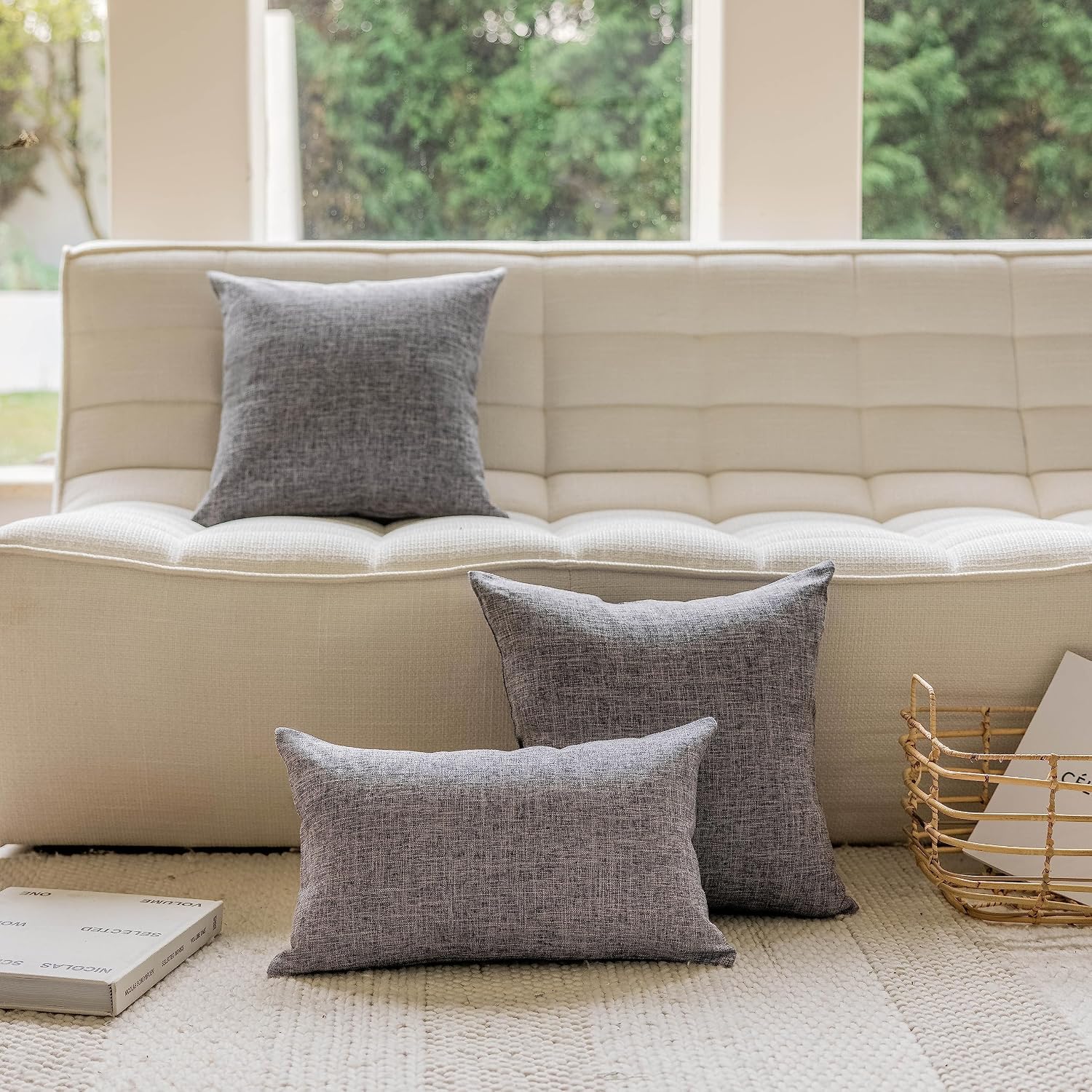 Gray Pillow Covers Soft Lined Linen Throw Pillow Cases Decorative / 18 x 18 / Ash Grey / Set of 4