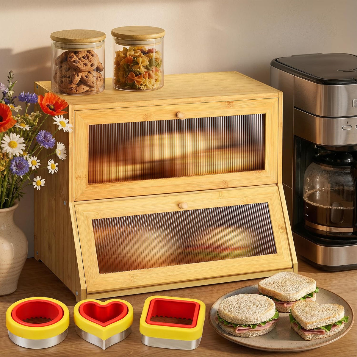 Large Bread Box for Kitchen Countertop - Bamboo Wooden Bread Box, Vintage Breadbox Countertop Cabinet, Double-Layer XL