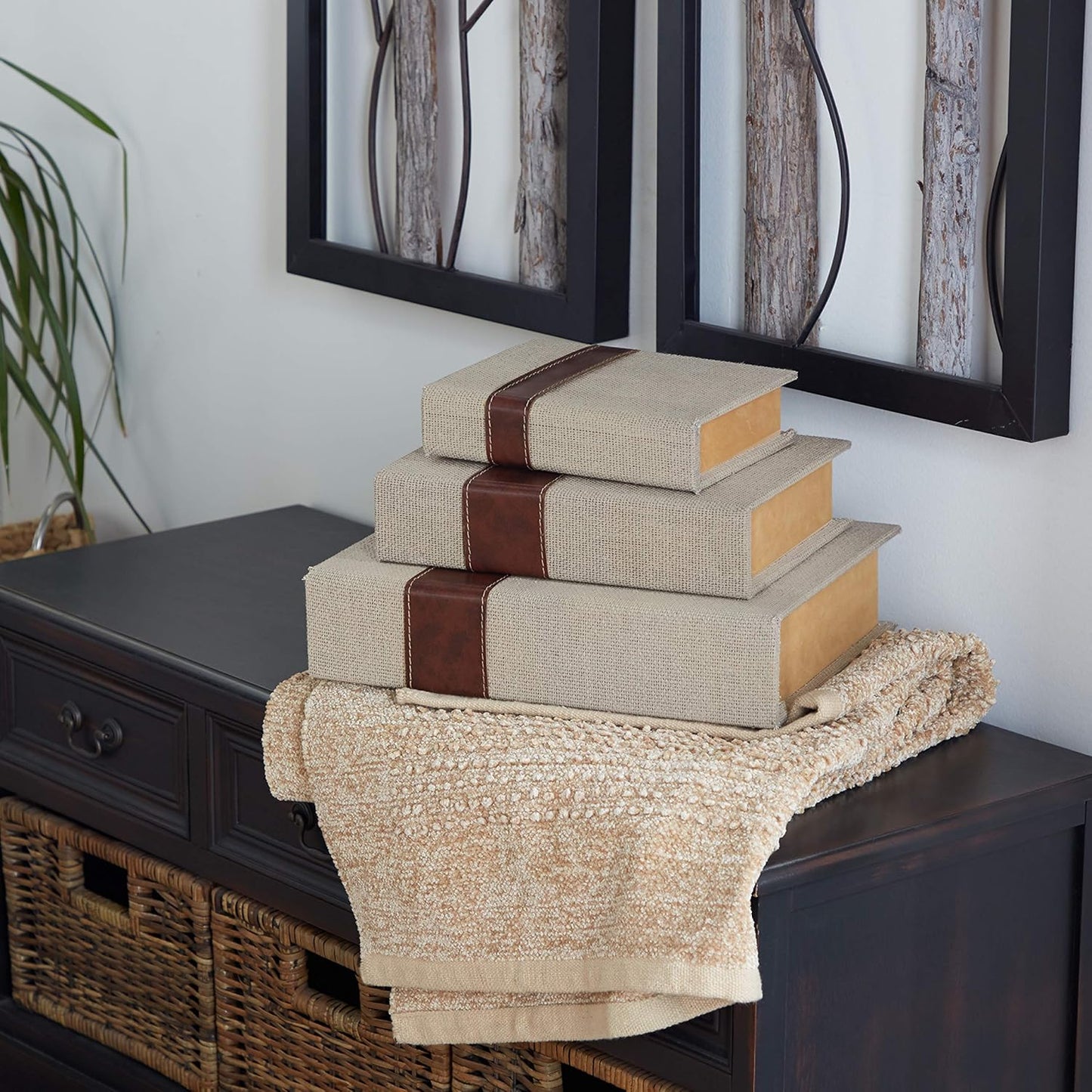 Linen Fabric Decorative Box Faux Storage Book Book Shaped Boxes / Brown / 15", 12", 9"H / Set of 3