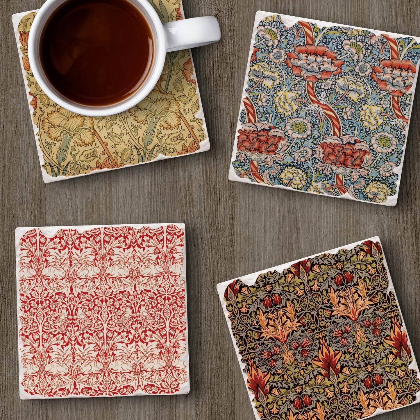 Thirstystone Assorted Tumbled Tile Stone Coasters / William Morris Textiles / Set of 4