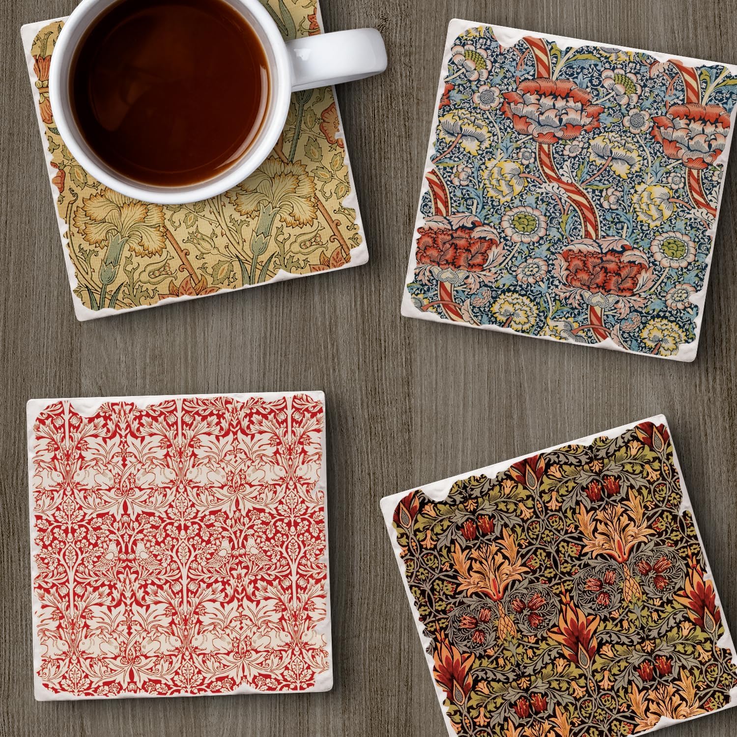 Thirstystone Assorted Tumbled Tile Stone Coasters / William Morris Textiles / Set of 4