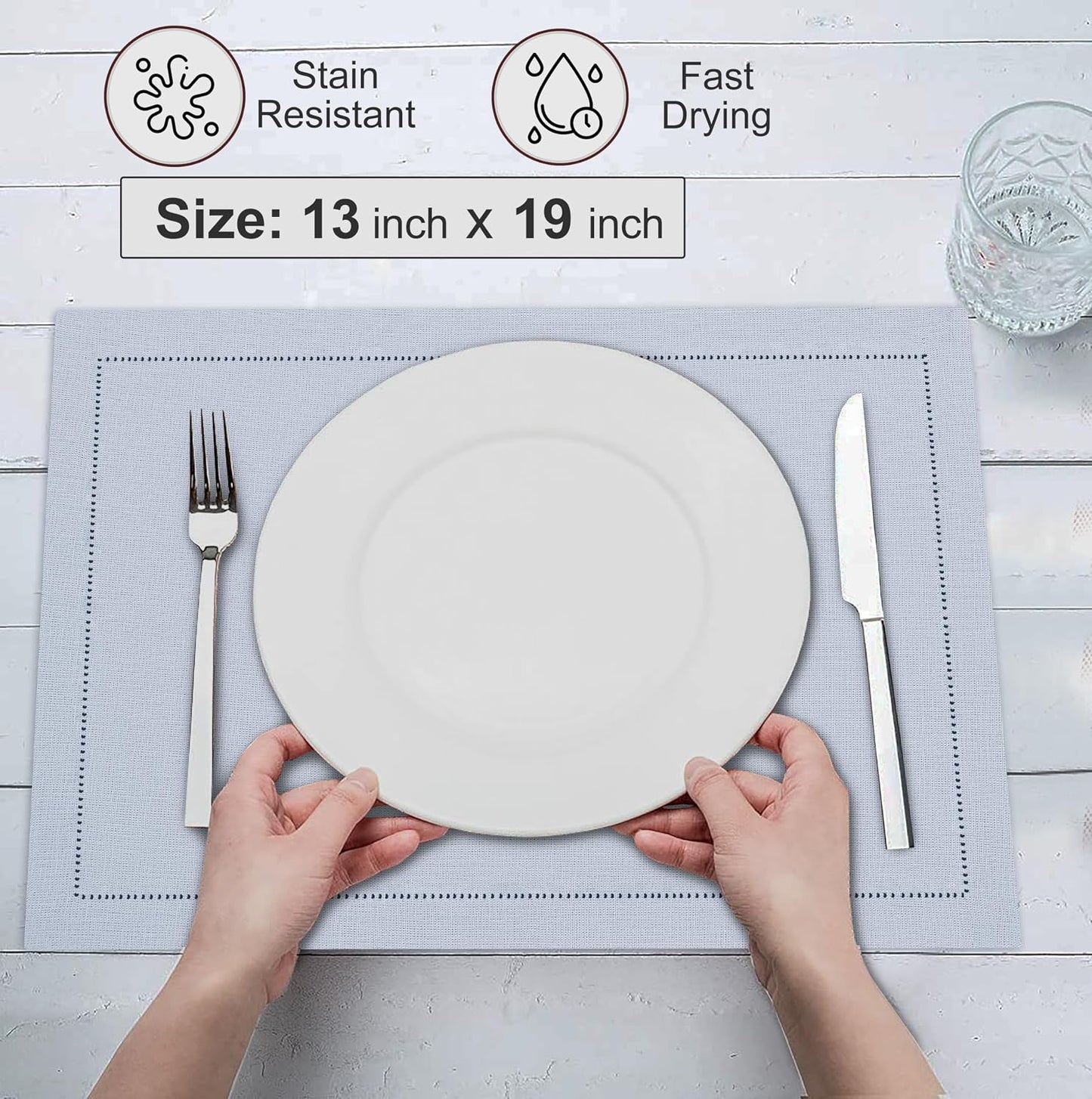 Ruvanti Placemats Set of 6, Linen Cotton Blend Place Mats 13x19 Arctic Ice | Heat, Stain resistant, Washable, Non-Slip