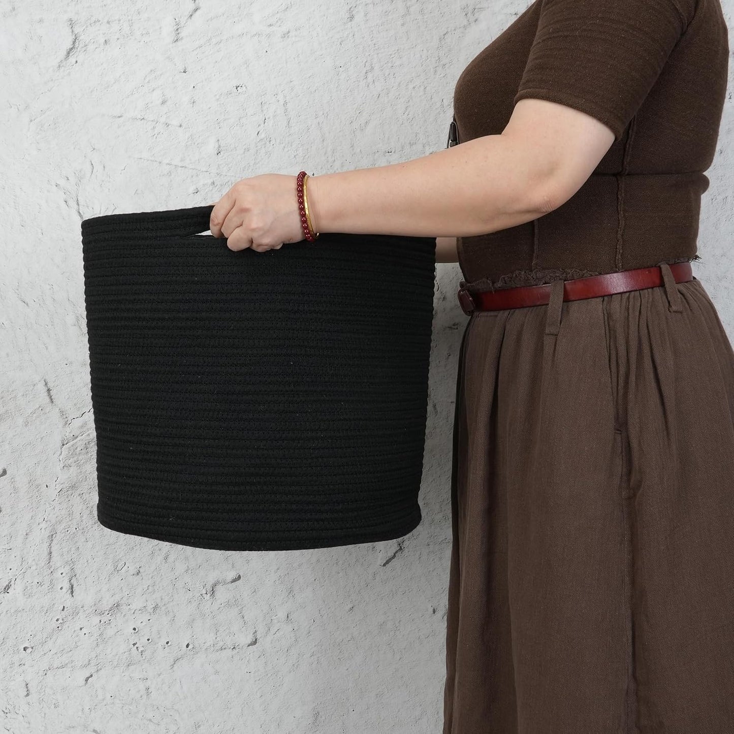 Cotton Rope Basket For Girls Boys Kids " Baby Laundry Basket Nursery Bin Round / Black / 16 x 14