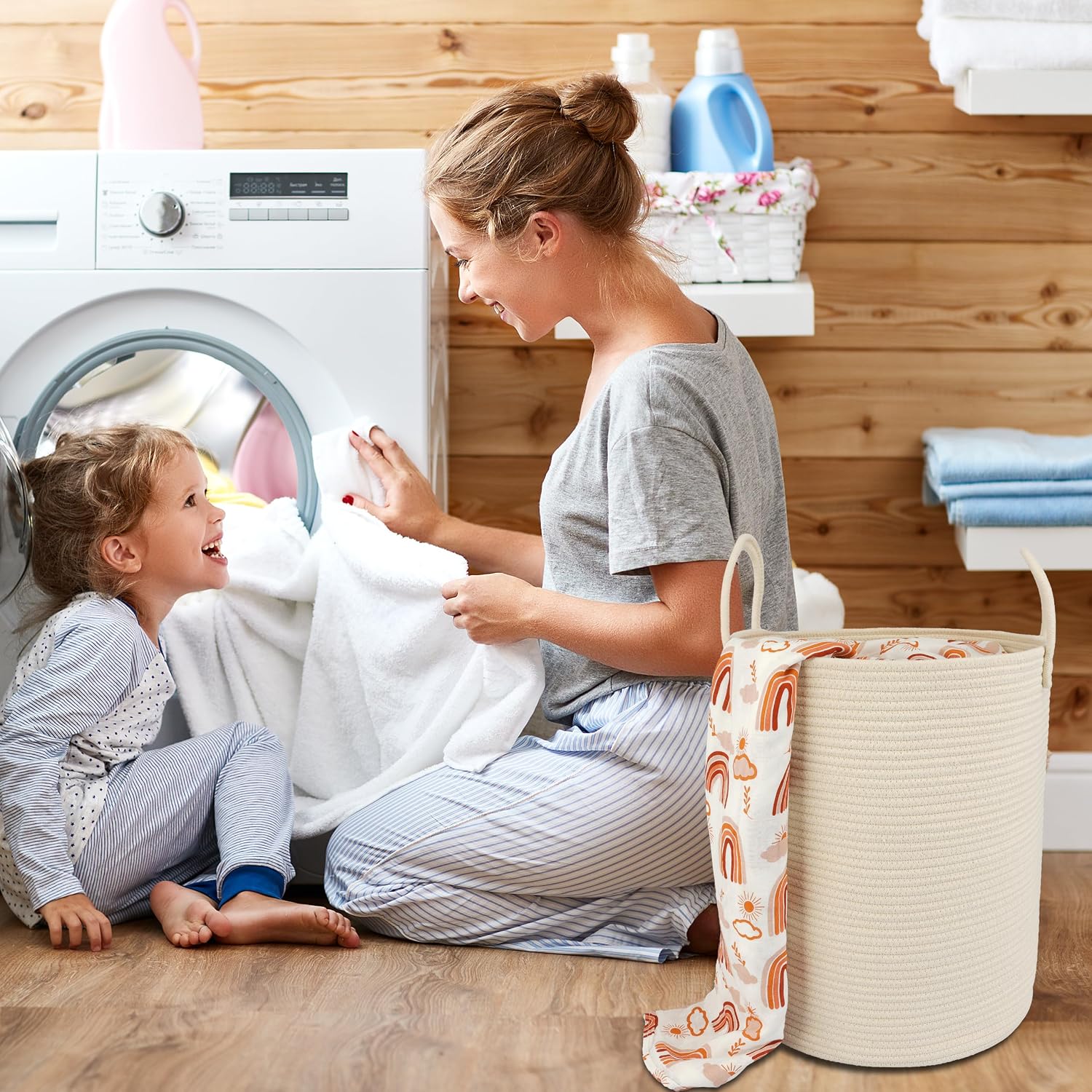 Cotton Rope Laundry Basket Hamper for Clothes Woven Storage Basket / Beige / Regular