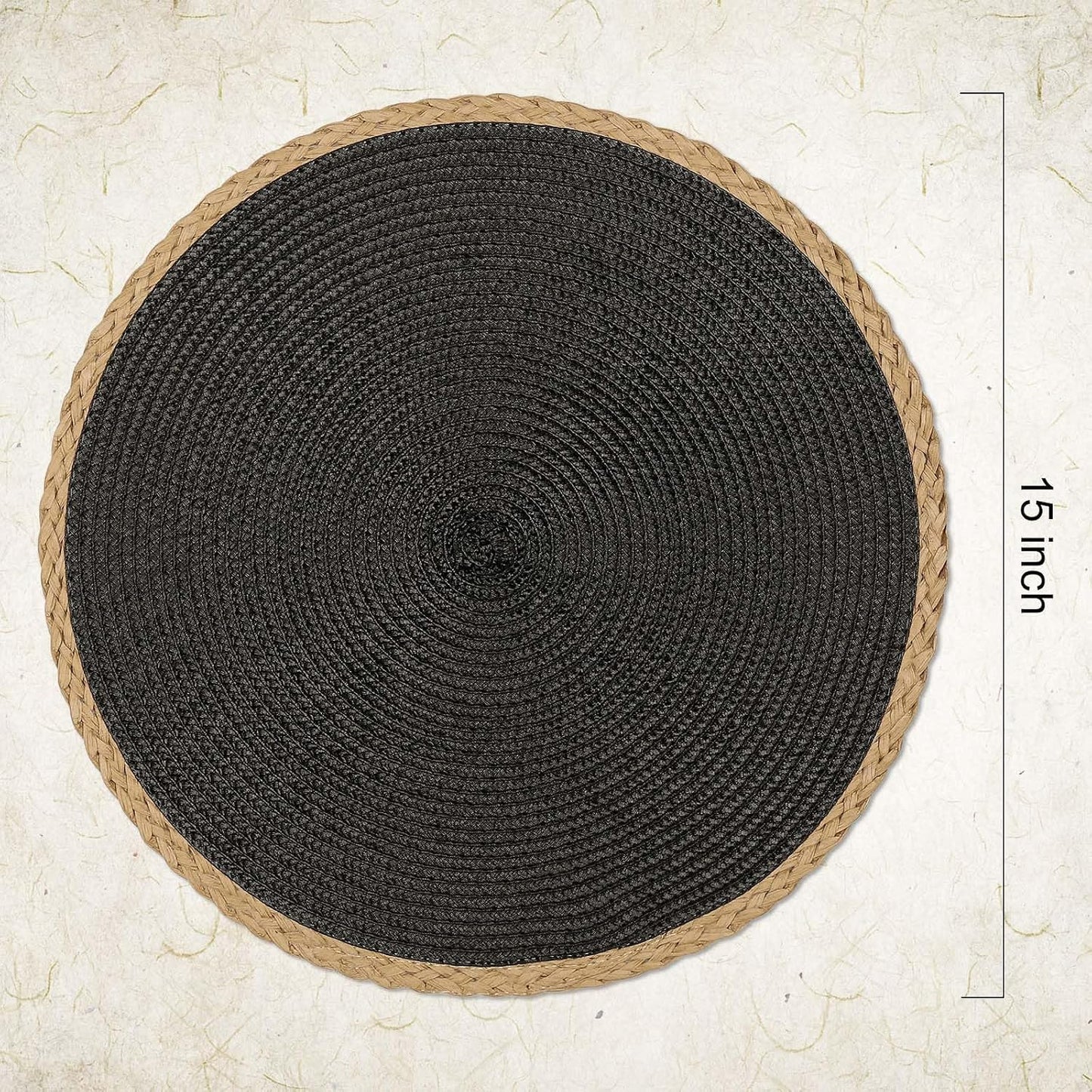 Round Placemats Set of 8, Woven Table Mats, Thin Edge, Black | Braided Paper Edge, 15 Inch Diameter, Fits Dinner Plate