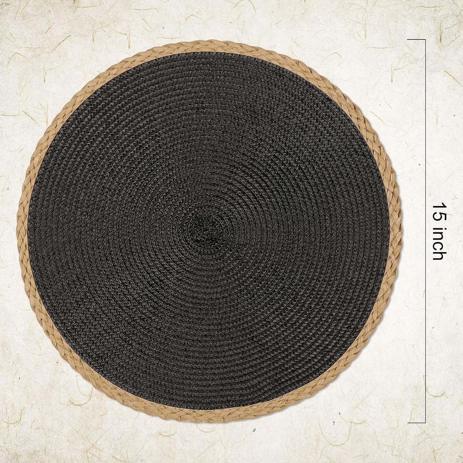 Round Placemats Set of 8, Woven Table Mats, Thin Edge, Black | Braided Paper Edge, 15 Inch Diameter, Fits Dinner Plate