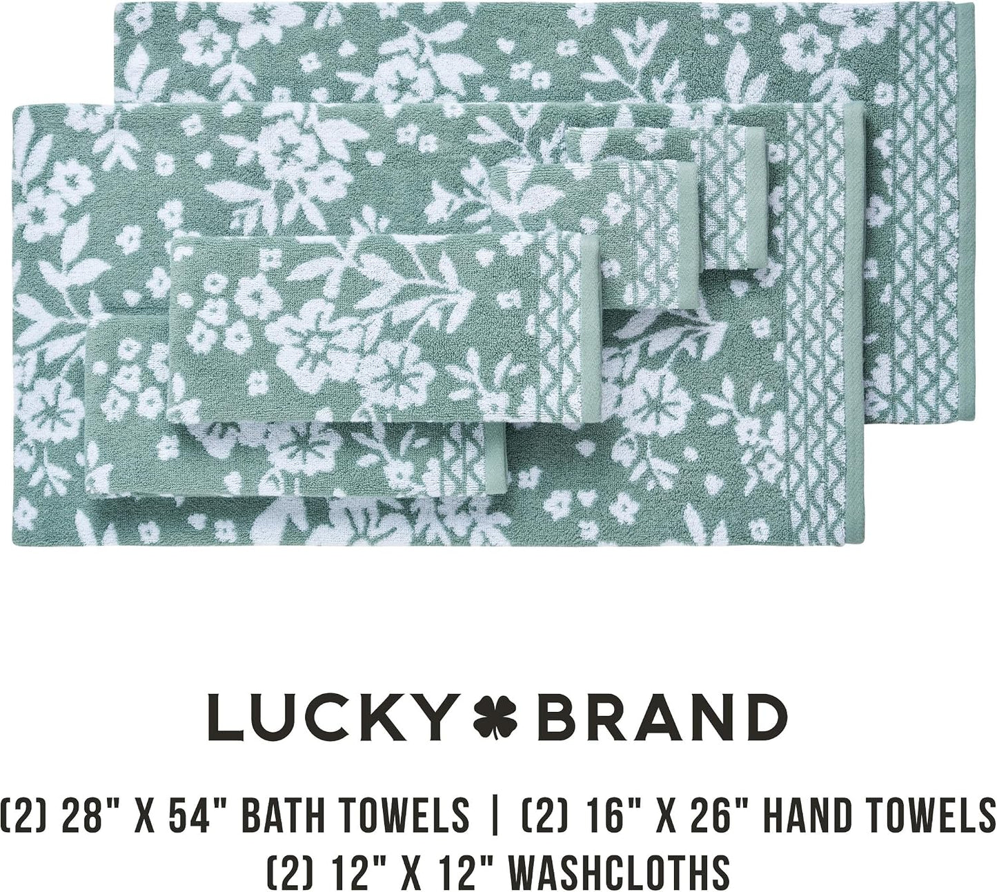 Lucky Brand Folk Floral 6 Piece Bath Towel Set - (2) Bath Towels, (2) Hand Towels, and (2) Washcloths - Iceberg Green