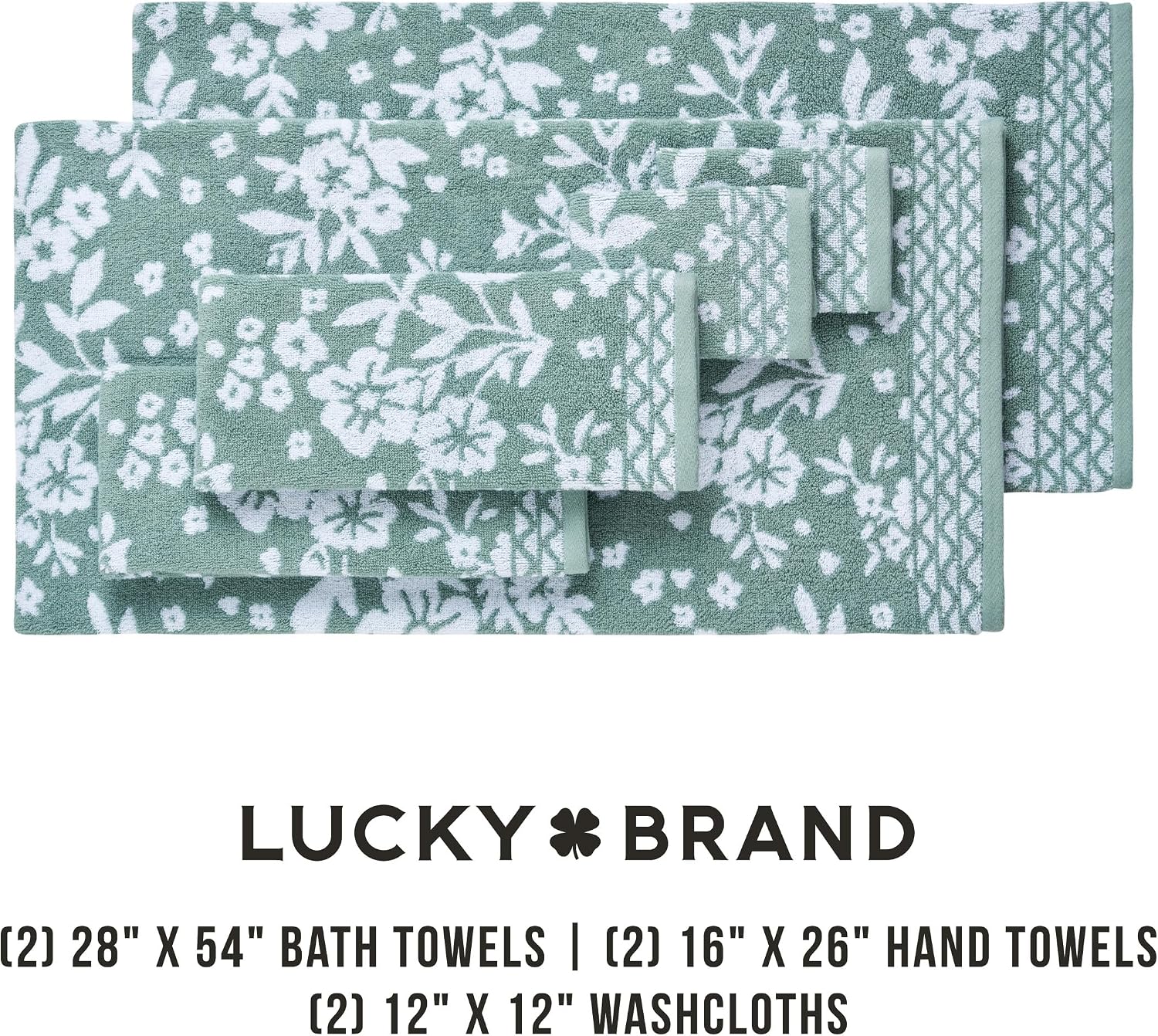 Lucky Brand Folk Floral 6 Piece Bath Towel Set - (2) Bath Towels, (2) Hand Towels, and (2) Washcloths - Iceberg Green