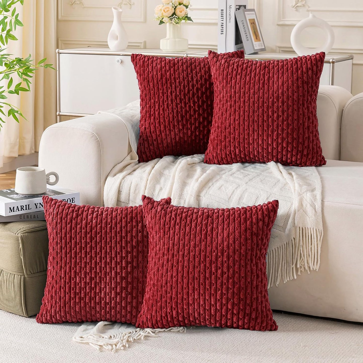 MIULEE Boho Linen Fringe Decorative Throw Pillow Covers Burgundy 18x18