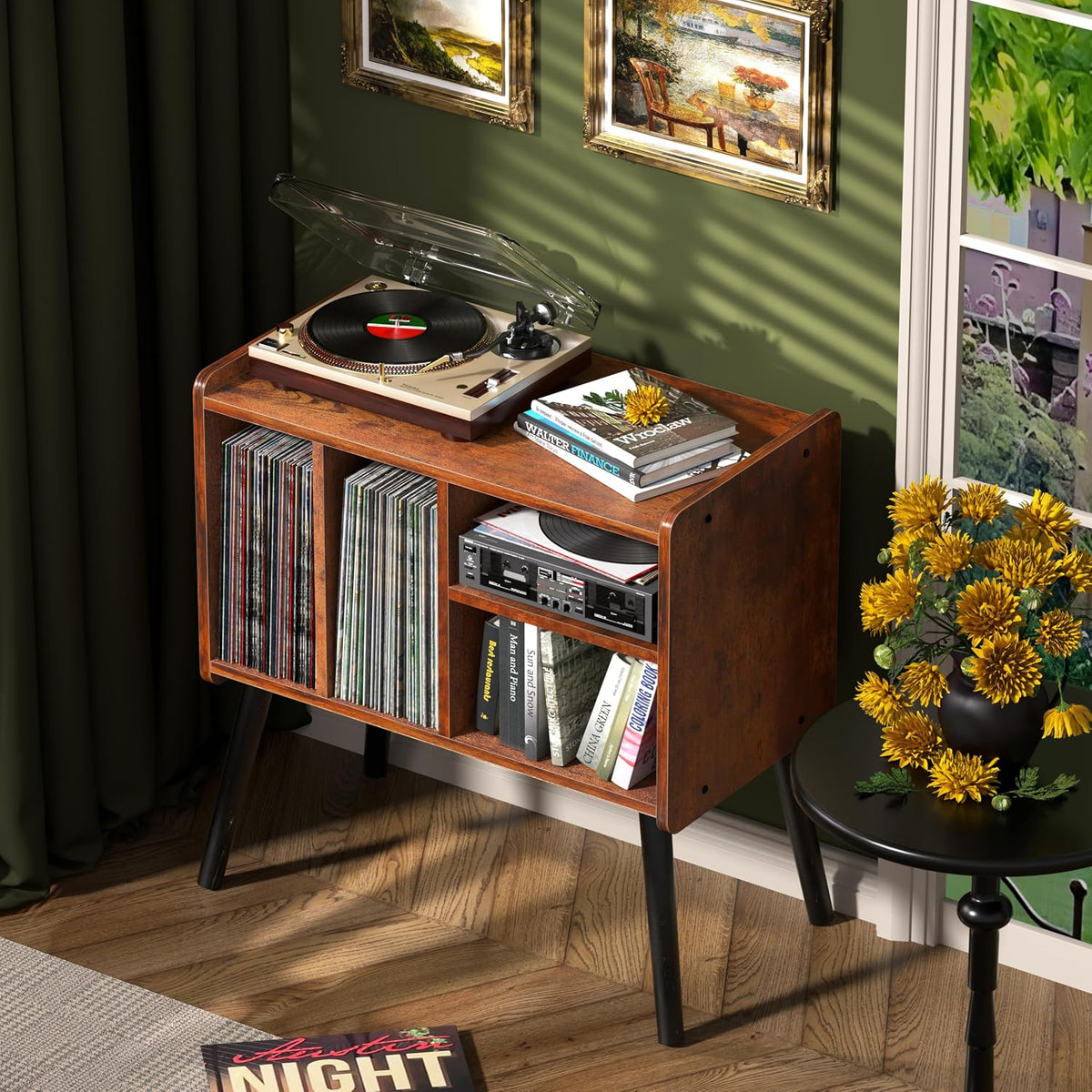 Record Player Table, Mid-Century Record Player Stand Hold Up to 150+ Albums | with Vinyl Storage Vinyl Record Cabinet