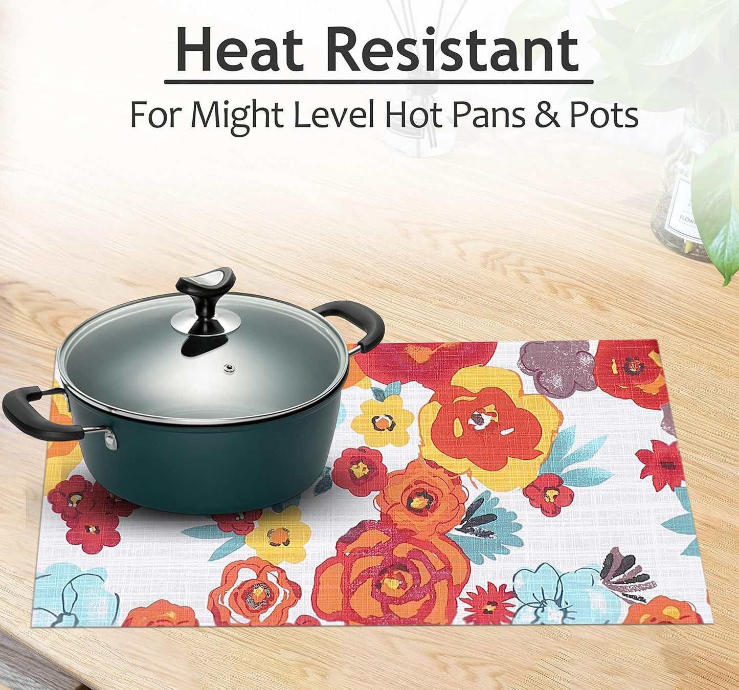 Ruvanti Placemats Set of 6, 100% Cotton Place Mats of 13"x19", Multi Flower | Heat, Stain resistant, Washable