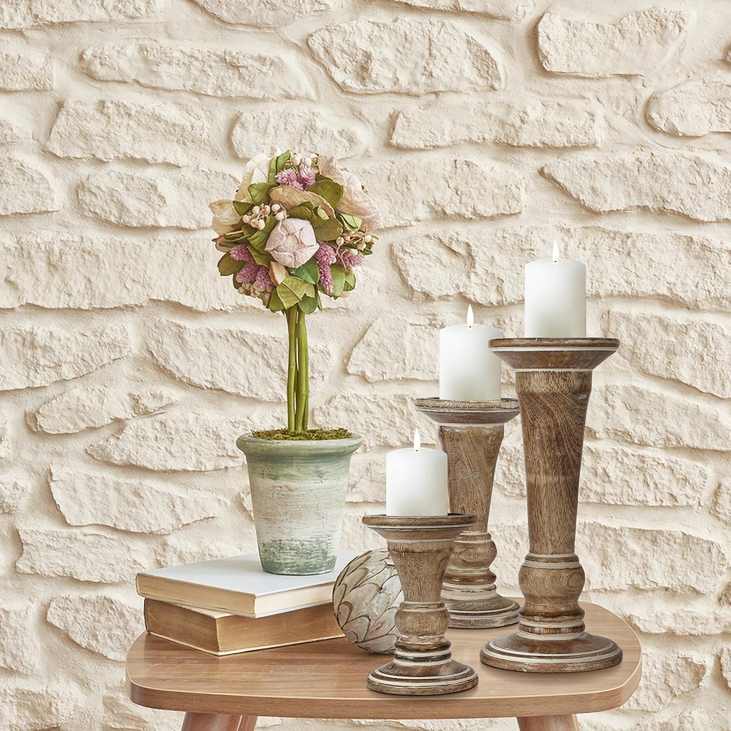 Homebia Design White Wash Mango Wood Candle Holder Set of 3 – 10, 8, 6 Inch