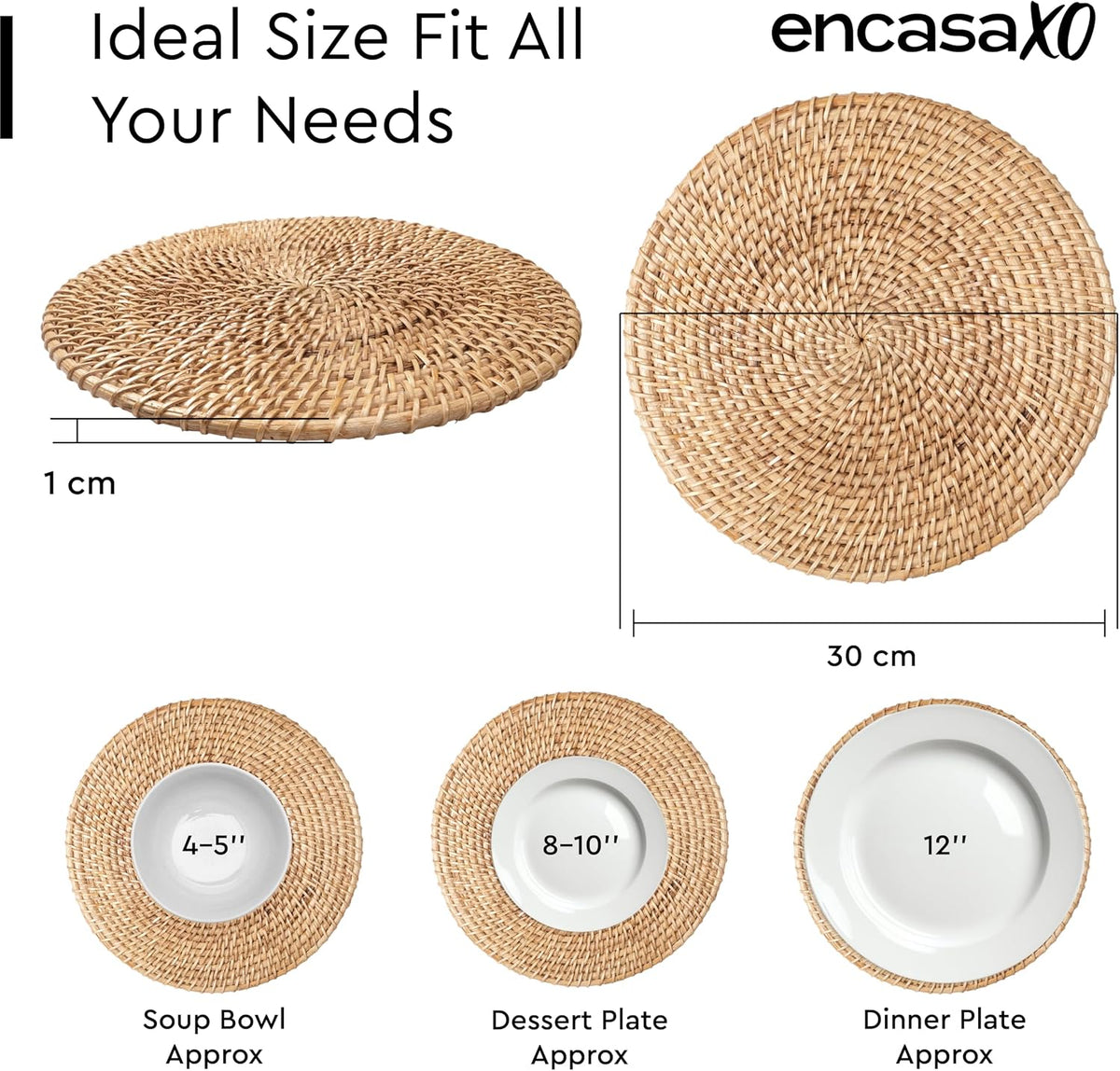 Encasa XO Rattan Placemats, Woven Wicker Table Mats 12" Natural | Handcrafted Natural Cane | Boho Farmhouse Plate