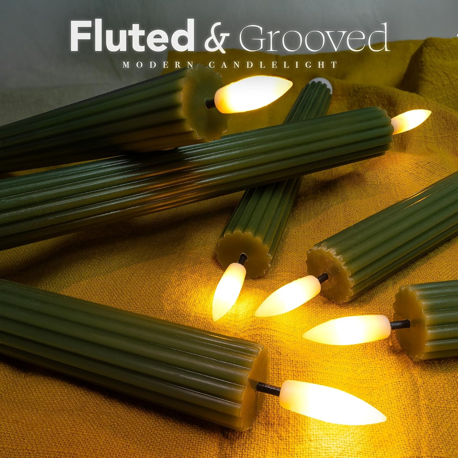 10" Fluted Ribbed LED Sage Olive Loden Green Grooved Real Wax Taper Candles, Remote & 24h Timer Memory, On/Off Switch
