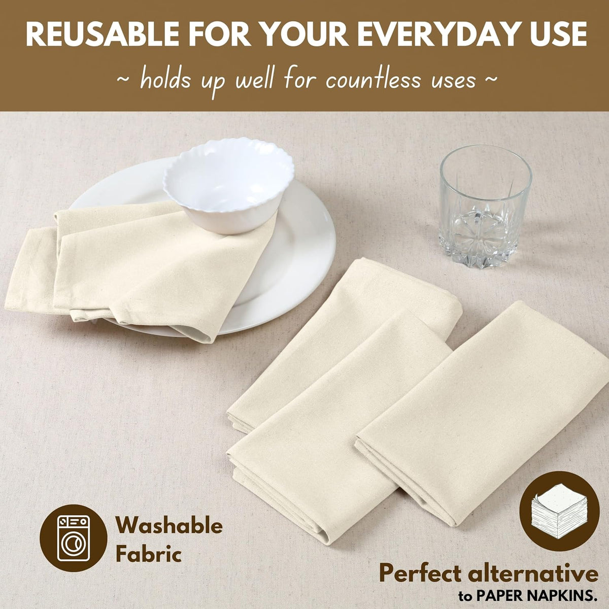 Native Fab Cloth Dinner Napkins, 12 Pack, 100% Cotton, 17x17 Inches, Soft Texture, Machine Washable, Colorfast