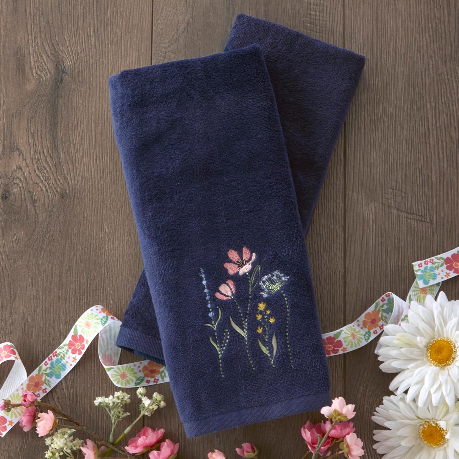 SKL Home Wildflower Field Hand Towel Set-2pc, Embroidered, Navy | 100% Cotton. Soft, decorative velour. For use in the