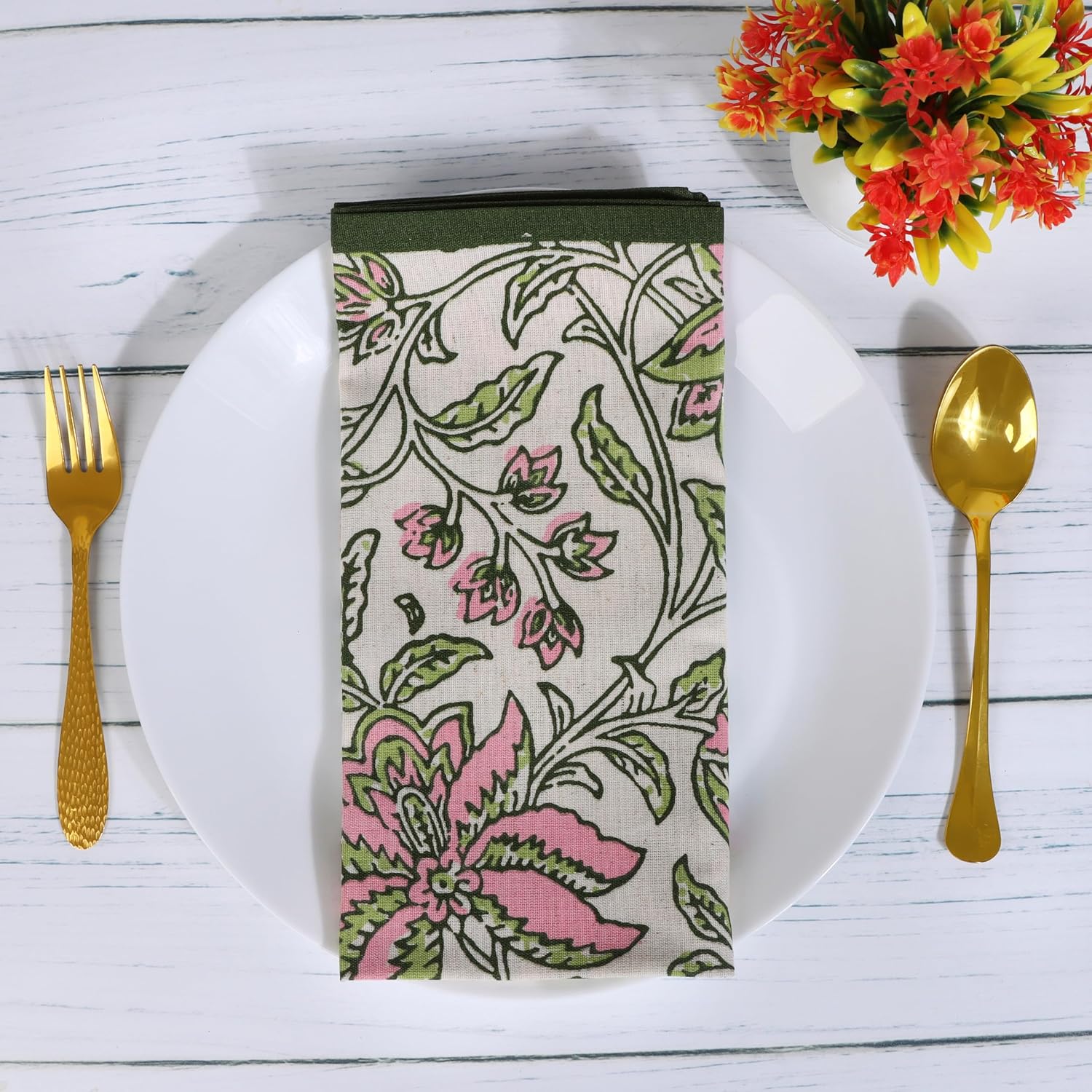 FINGERCRAFT Cloth Napkins Set of 12 Cotton Linen, 20x20 Inch, Summer Block | Mitered corner, washable, soft, absorbent