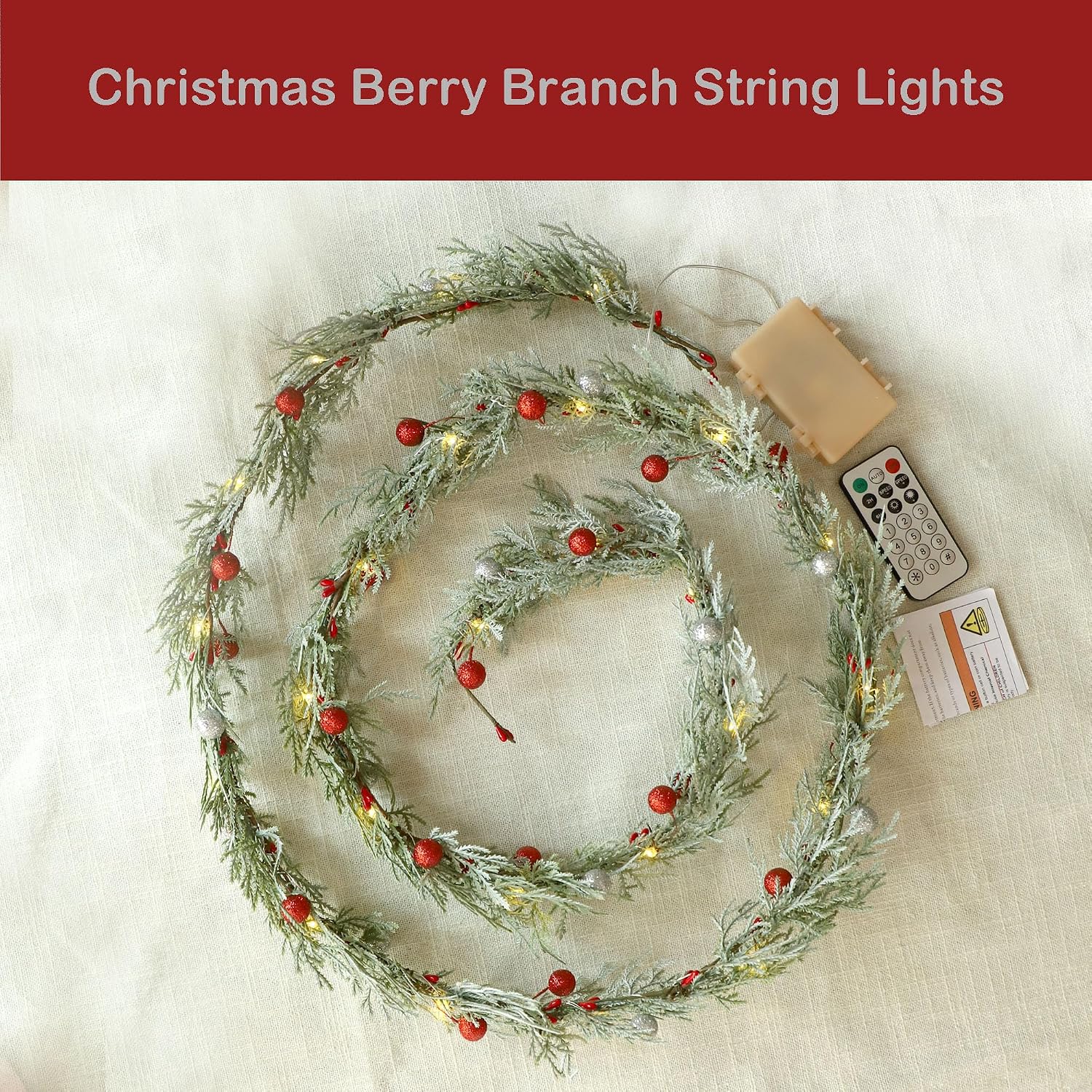 MIYA LIFE Cedar Leaf String Lights & Red/Silver Berry 6.5FT & 25LEDs Lush Christmas Garland with Lights Battery