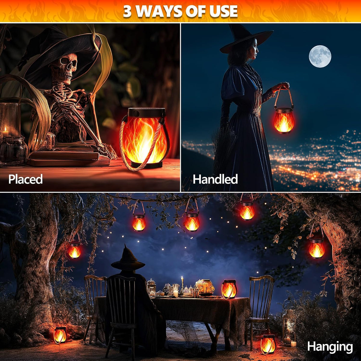 iBaycon 2 Pack Gen2 Solar Lantern Lights USB Halloween Flame Lamp, Red | Solar Garden Lights with Solar & USB-C Dual