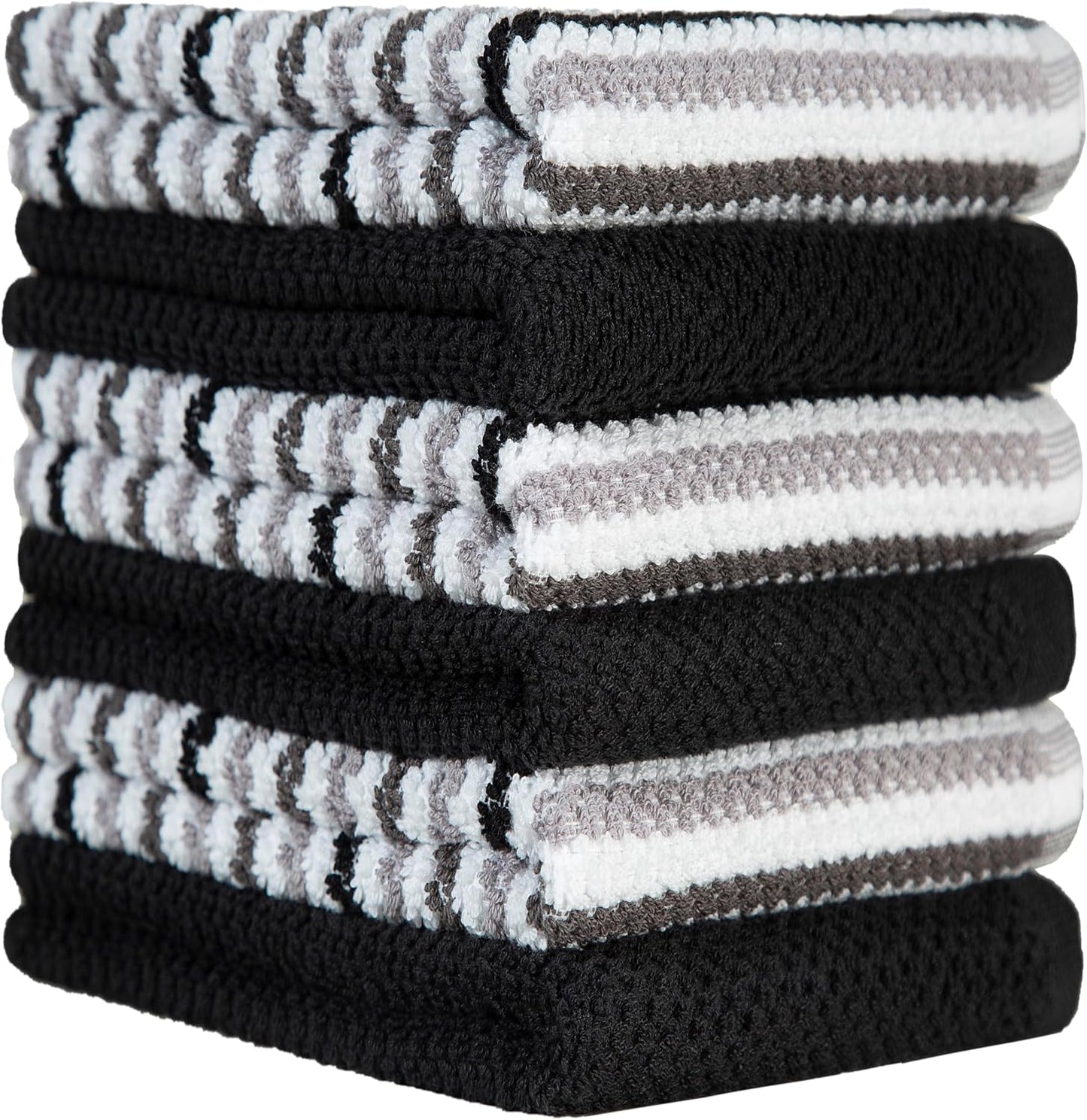 Bumble Kitchen Towels 6 Pack 100% Cotton 16"x26" - Black Wide Stripe | 430 GSM Soft Kitchen Hand Towels with Hanging