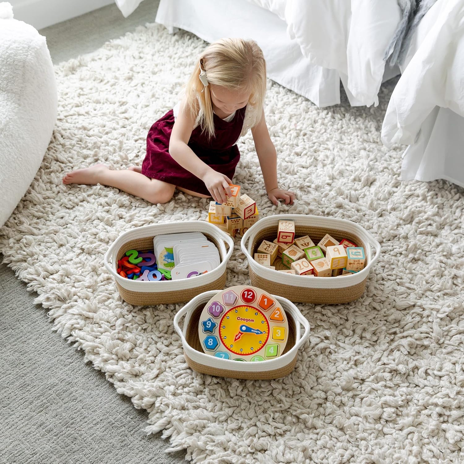 5-Piece Rectangle Storage Basket Set- Natural Cotton Rope Woven Baskets / Off White & Jute