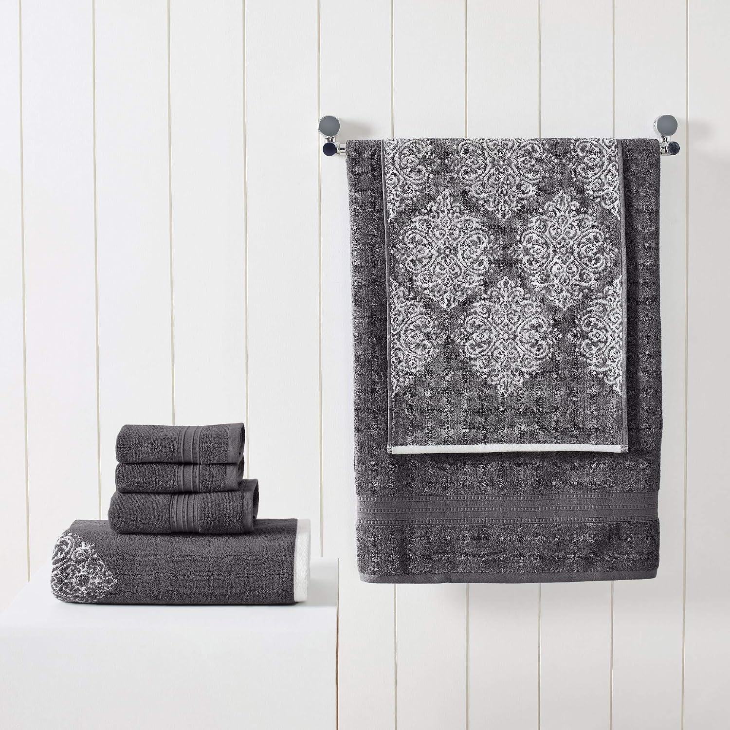Modern Threads 6-Piece 100% Cotton Damask Medallion Towel Set, Charcoal | Highly Absorbent, Soft & Plush, Quick-Drying